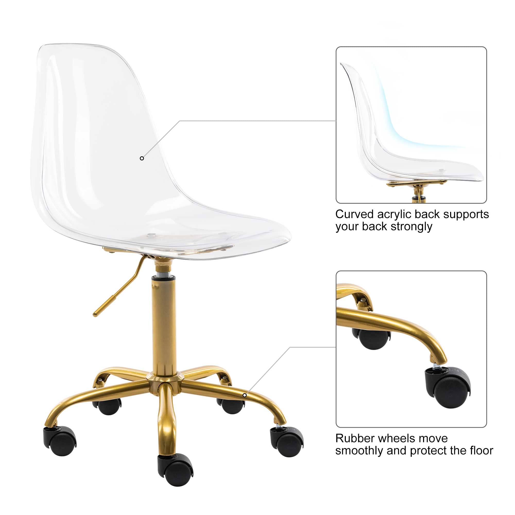 Acrylic Clear Desk Chair with Rolling Wheels & Swivel Base - Height Adjustable Armless Ghost Chair with Golden Feet for Home Office, Vanity, or Study Room