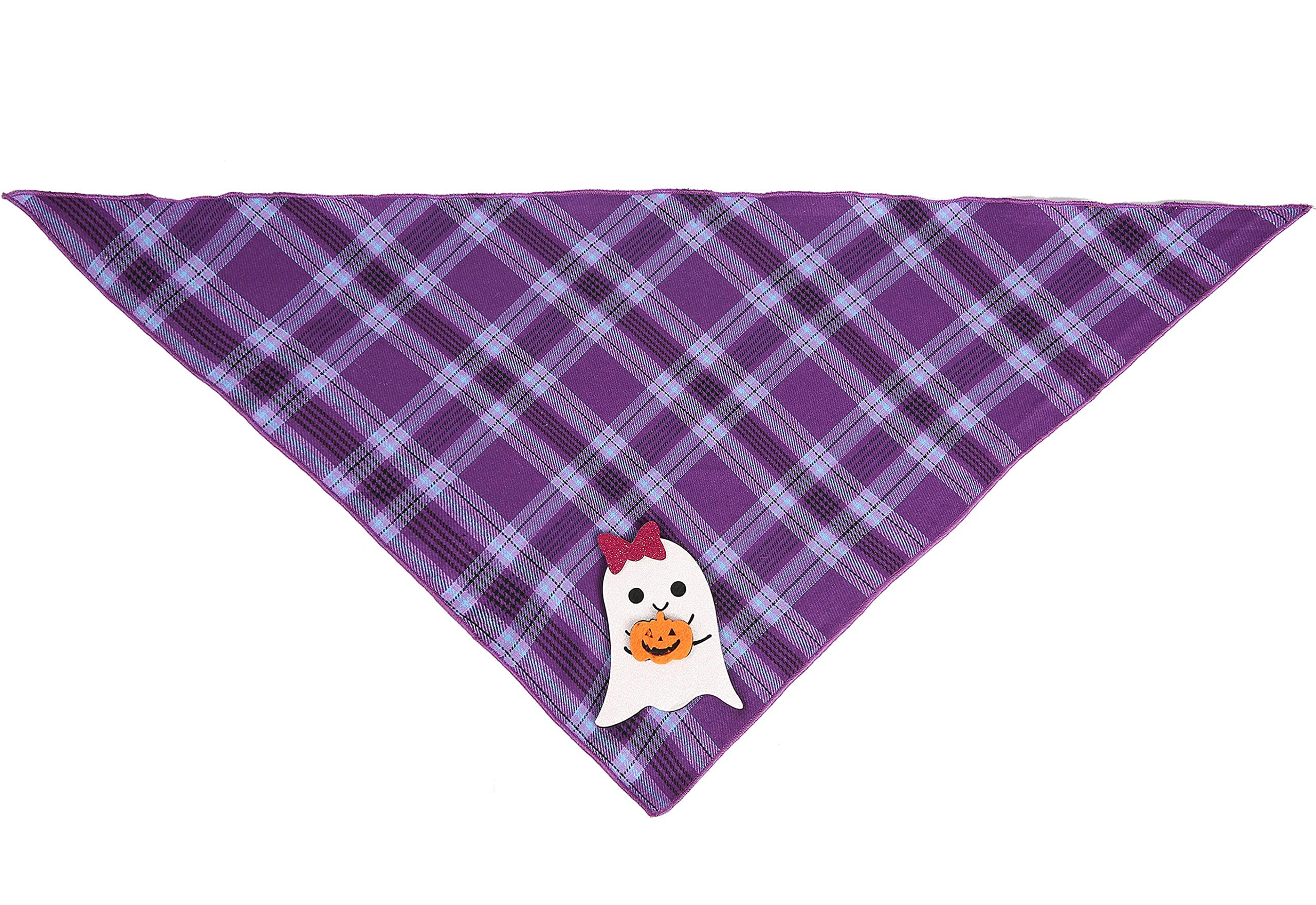 Halloween Dog Bandana with Ghost Appliques - Purple Plaid Pet Scarf for Small, Medium & Large Dogs - Perfect for Costume Parties, Trick-or-Treating & Spooky Photo Shoots