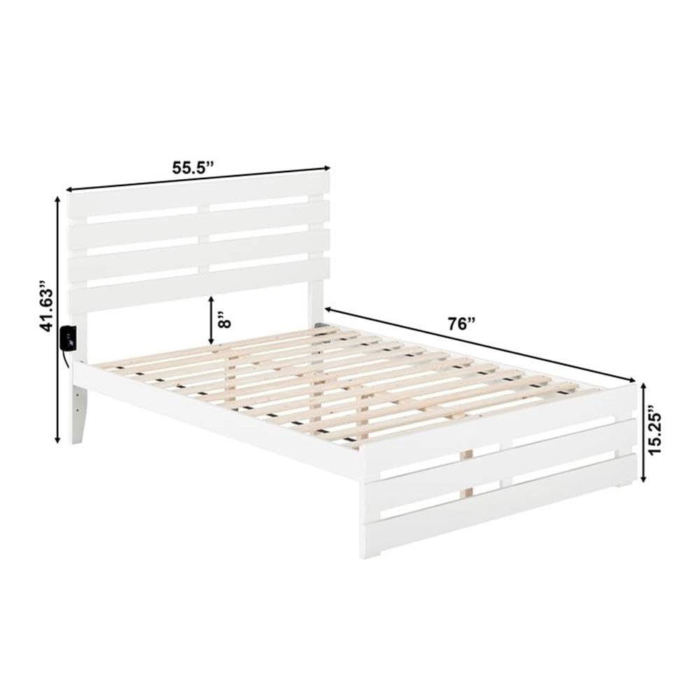 BOWERY HILL Farmhouse Solid Wood Full Size Bed Frame with Footboard & USB Charging Ports - White - Perfect for Modern Farmhouse Bedrooms & Guest Rooms