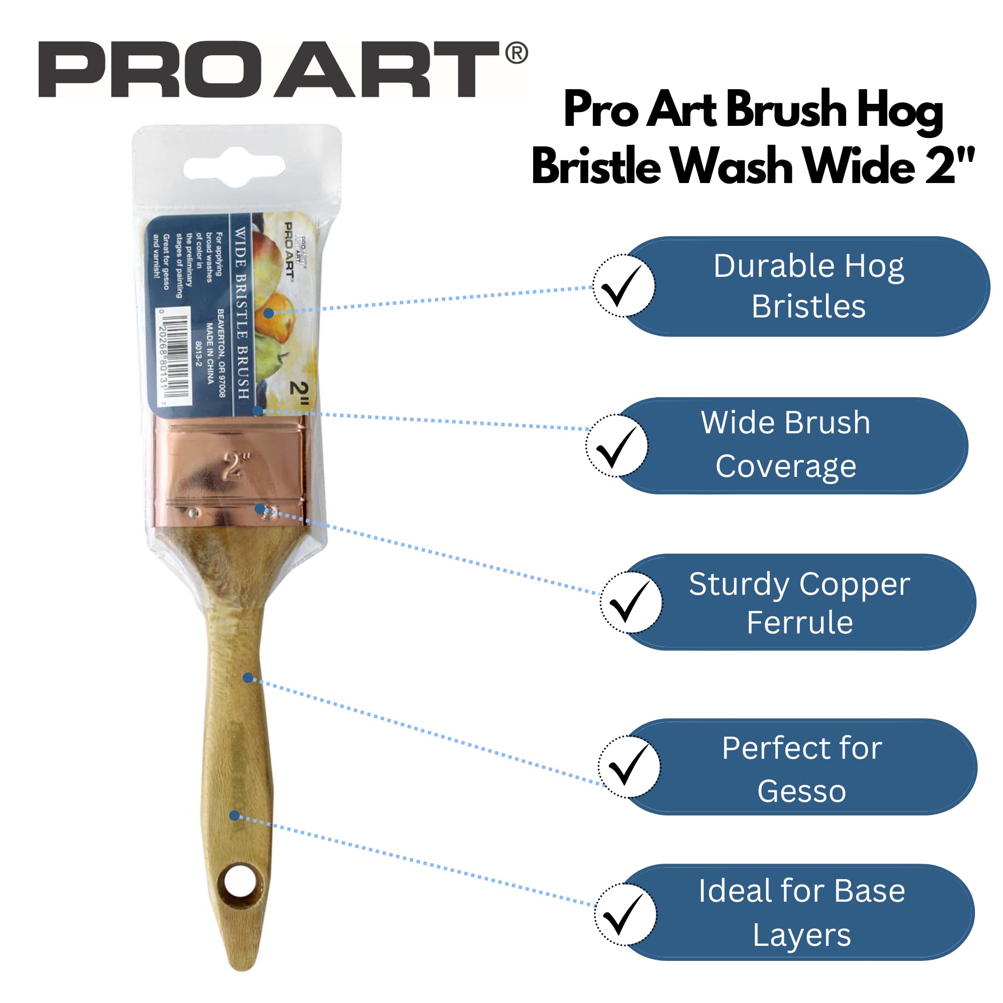 PRO ART Hog Bristle Paint Wash Brush - 2 Inch Natural Bristle Artist Brush for Oil, Acrylic & Watercolor Painting - Perfect for Canvas, Wood & DIY Art Projects
