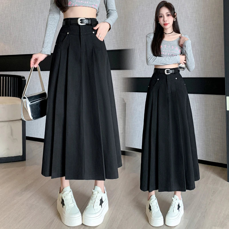 2024 Women's Black & Beige Denim Long Skirt - High Waist Pleated A-Line Umbrella Jean Skirt for Spring Summer | Office Wear, Casual Outfits & Date Night Fashion