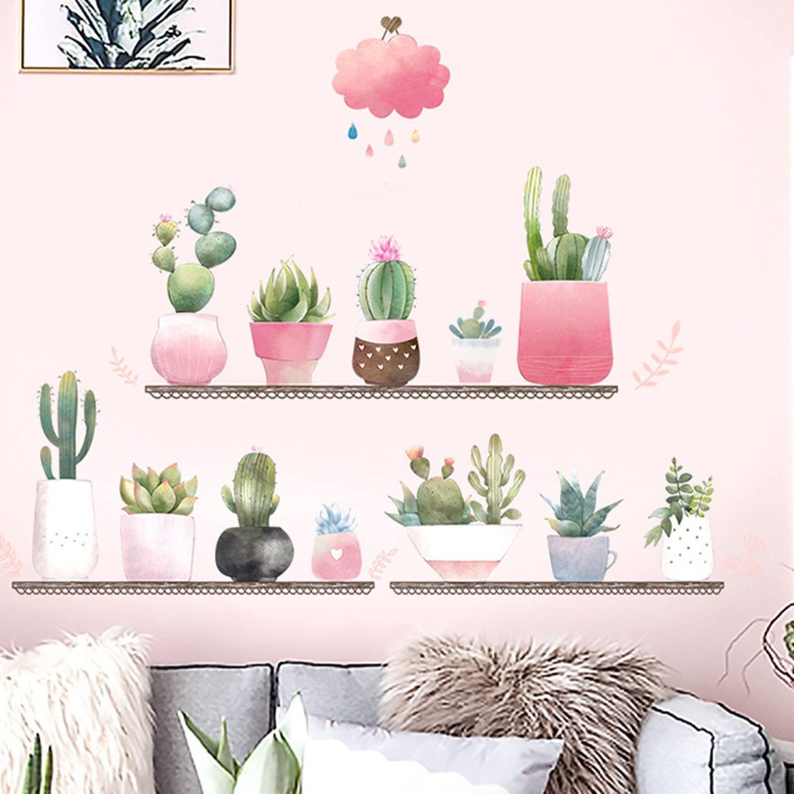 Green Potted Succulent Plants PVC Wall Stickers - Removable Shelf Decor for Living Room, Bedroom & Dorm | Home Office & Nursery Wall Decoration Ideas