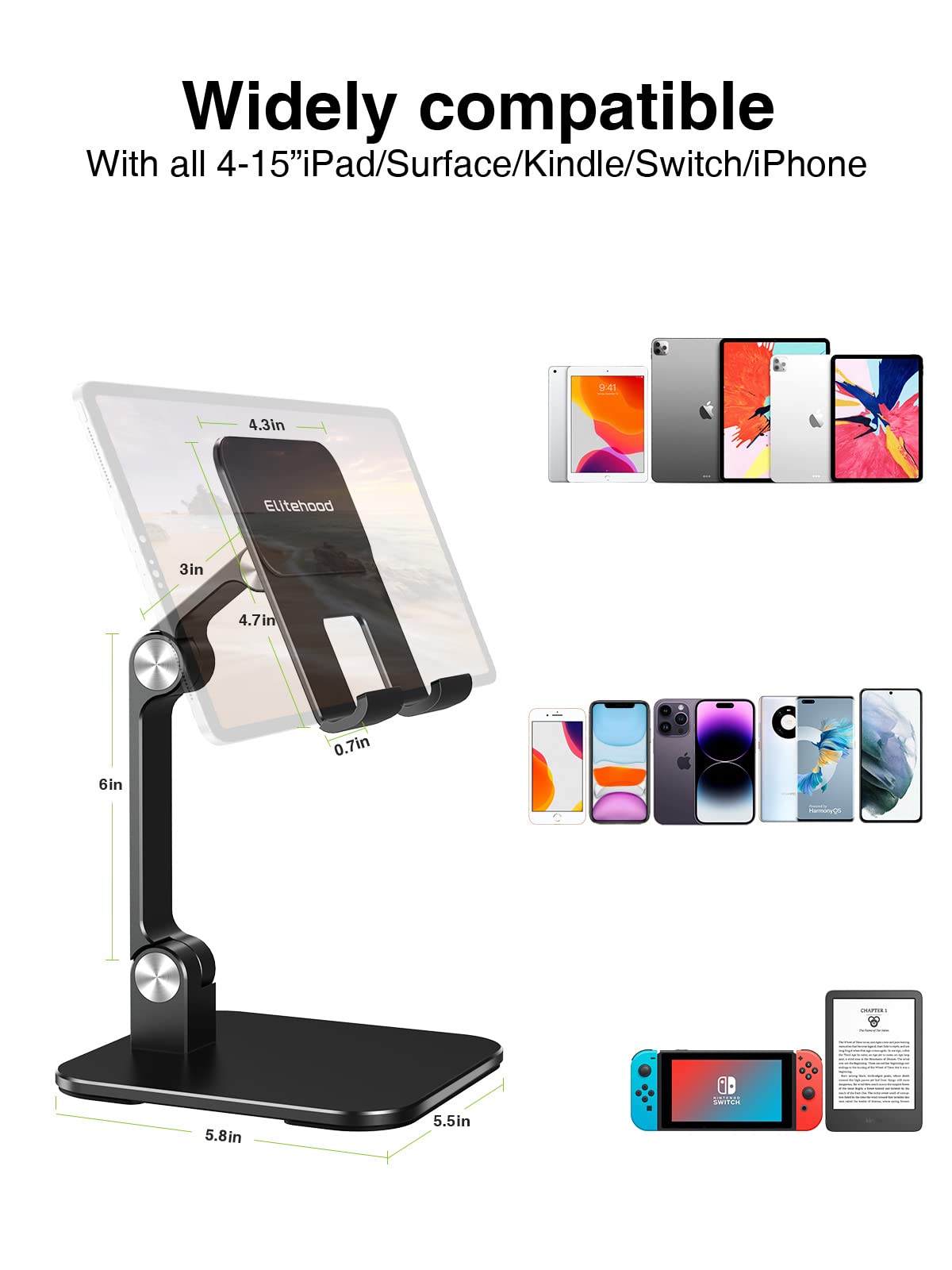 Premium Aluminum iPad Stand for Desk - Ultra Stable & Sturdy Adjustable Tablet Holder Dock - Compatible with iPad Pro 12.9/Air/Mini - Portable Home Office Accessory for Reading, Video Calls & Hands-Free Viewing - Black