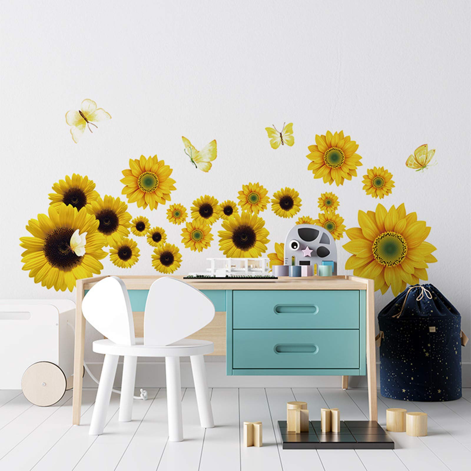3D Sunflower and Gold Butterfly Wall Stickers - Removable Metallic Flower Decals for Nursery, Kids Room, Living Room, Bathroom & Kitchen Decor | Perfect for Home, Office, and Party Wall Decoration