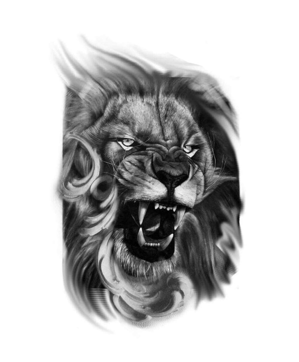 3D Temporary Tattoo Angry Roaring Lion Face Design - 21x15CM Large Fake Tattoo Sticker (1PC, Multi Color) for Halloween Costume, Cosplay & Body Art Parties