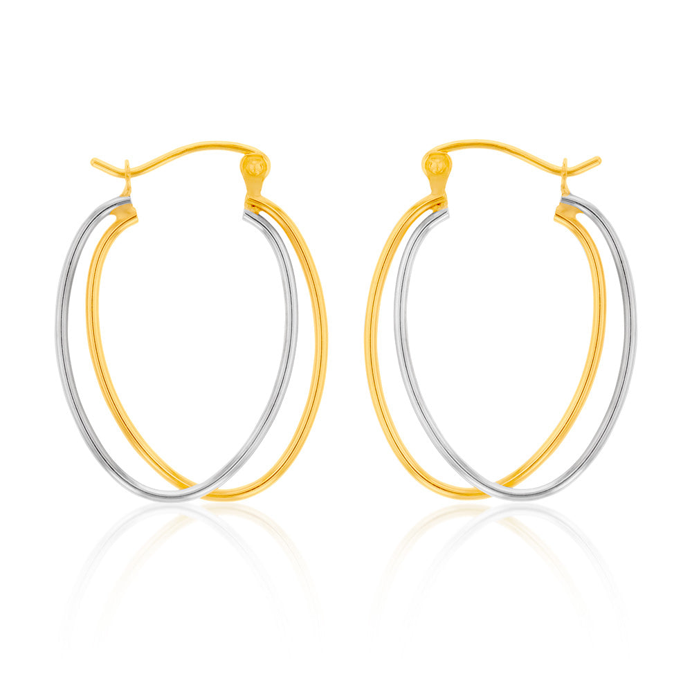 9ct Yellow and White Gold Double Hoop Earrings for Women - Elegant Dangle Hoops for Everyday Wear, Parties & Special Occasions