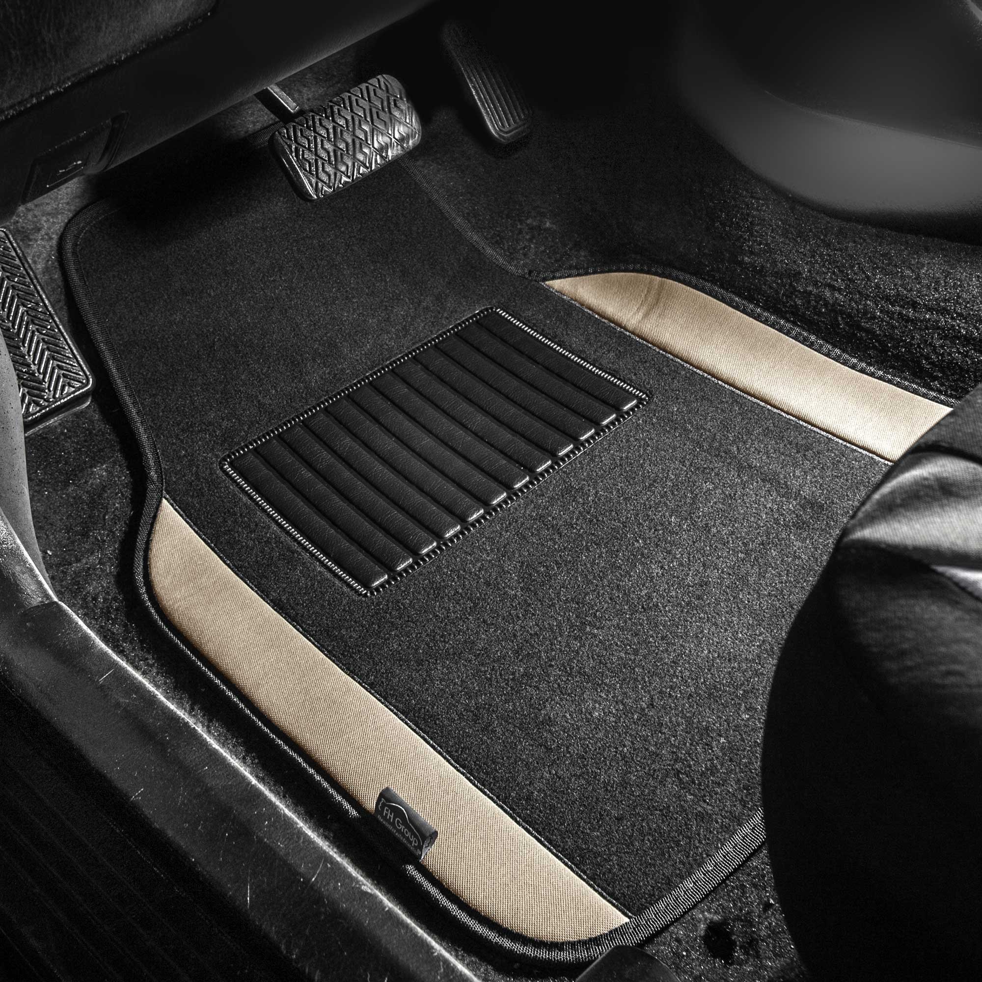 TLH Universal Flat Cloth Car Seat Covers Full Set with Built-in Seat Belts - Airbag Compatible, Includes Carpet Floor Mats & Steering Wheel Cover (Beige Combo) | Perfect for SUVs, Sedans & Trucks - Enhances Comfort & Protects Interior