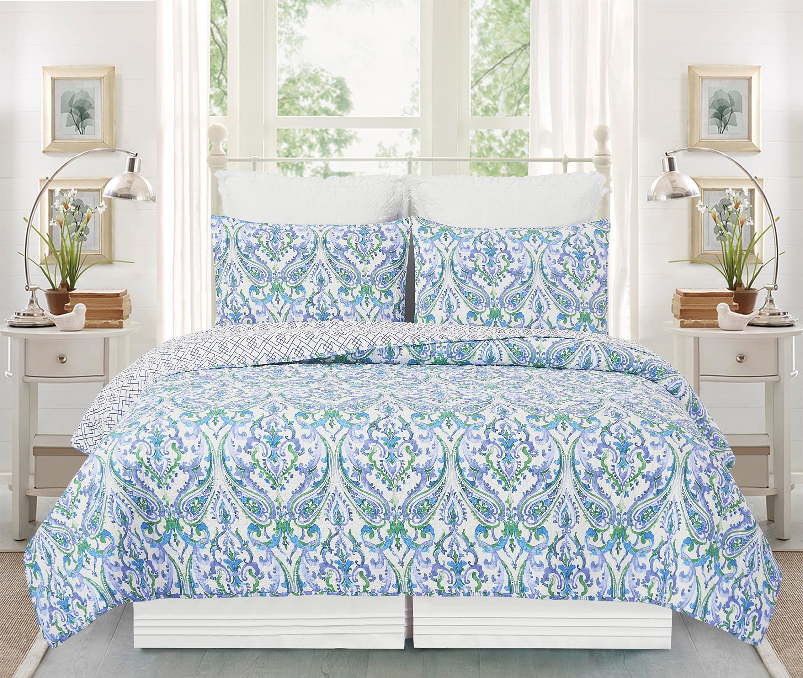 C&F Home Juliet Twin 2-Piece Reversible Coverlet Quilt Set - Blue Green White Paisley Pattern & Blue White Trellis Design - Includes 1 Standard Sham | Perfect for Kids' Rooms, Guest Bedrooms & Dorm Decor
