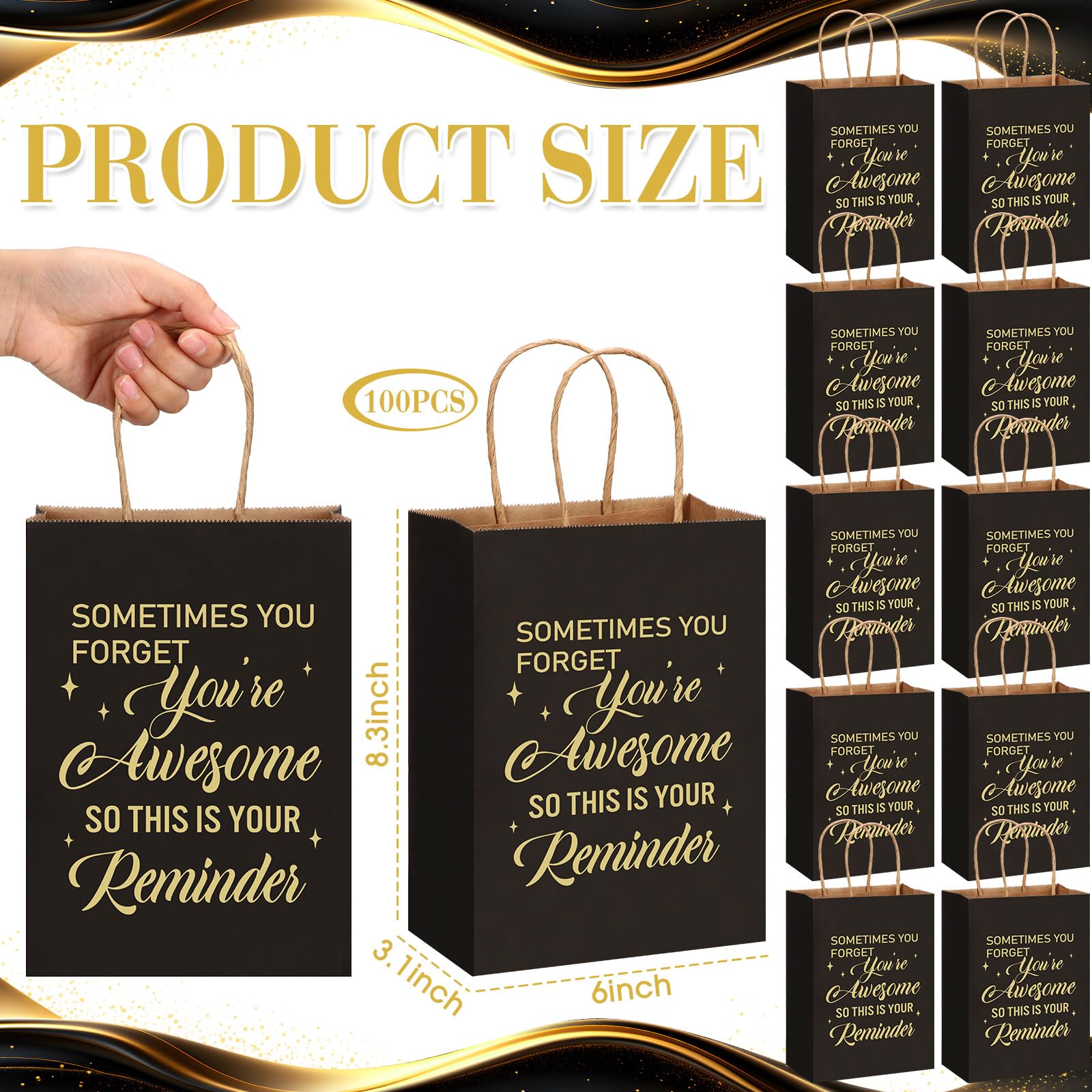 Geyoga 100 Pcs Black Thank You Gift Bags Bulk - 8.3 x 3.2 x 5.9 in Employee Appreciation Paper Bags with Handles - Perfect for Volunteer, Teacher, Colleague, Nurse, Birthday Party & Corporate Events