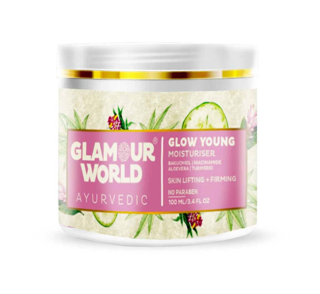 Glamour World Ayurvedic Glow Young Moisturizer - 100ml with Aloe Vera, Tulsi, Cucumber, Sandalwood, Olive & Coconut Oil | Hydrating & Anti-Aging Face Cream for Dry & Sensitive Skin | Day & Night Moisturizing Skincare Routine