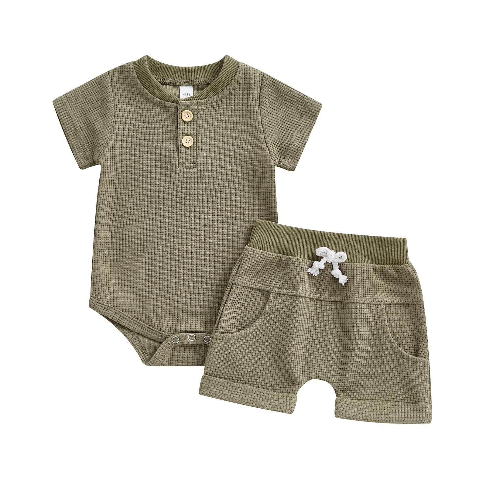 Soft Waffle Baby Romper Set - Newborn Boy Summer Short Sleeve Button-Up Bodysuit & Shorts Outfit | Perfect for Playtime, Beach Trips & Family Photos