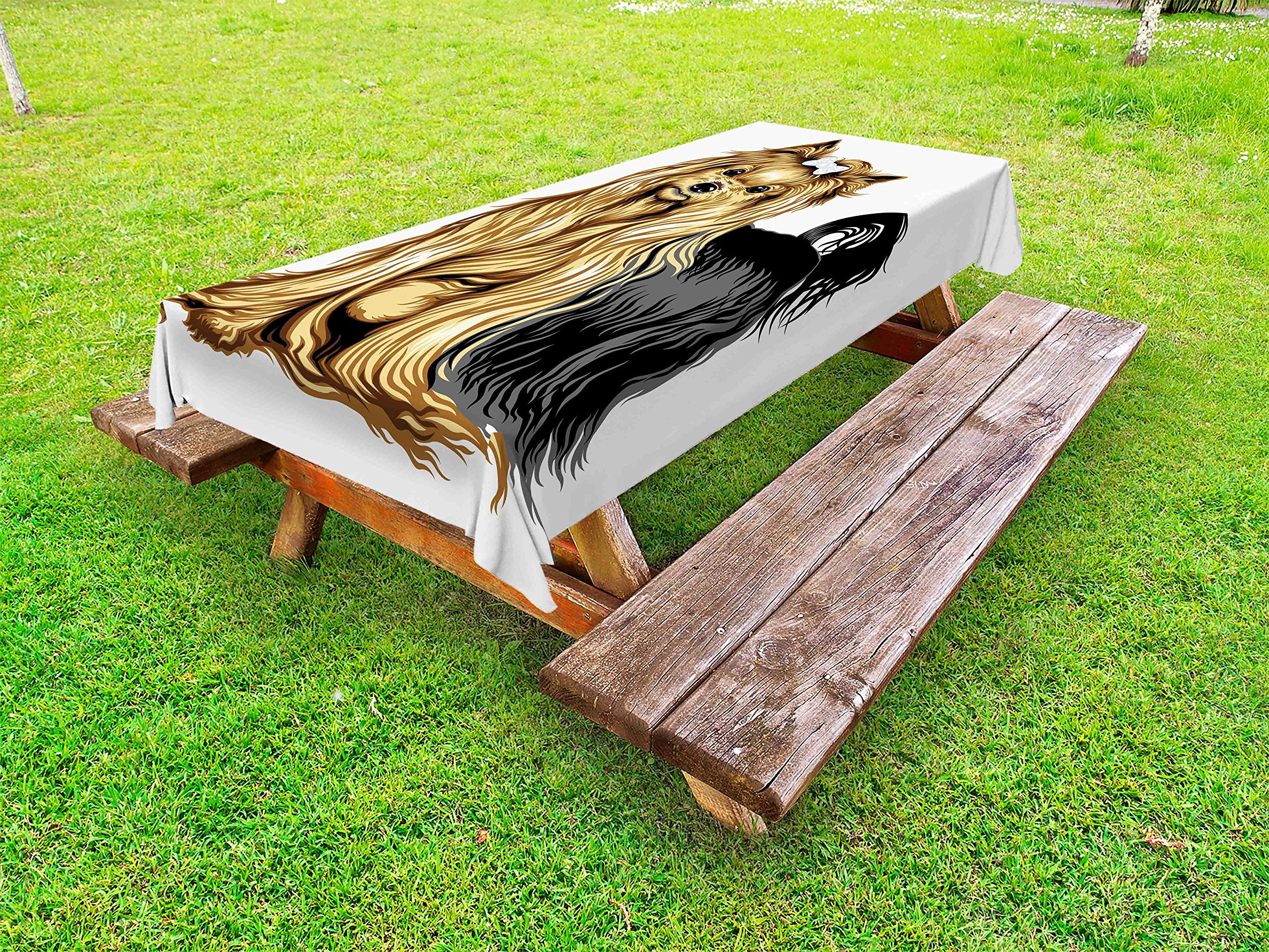 Ambesonne Yorkie Dog Themed Outdoor Tablecloth - Realistic Long Haired Yorkshire Terrier Pet Design, Washable Picnic Table Cover 58x84 Inches, Mustard & Black - Perfect for Backyard BBQs, Garden Parties & Picnics