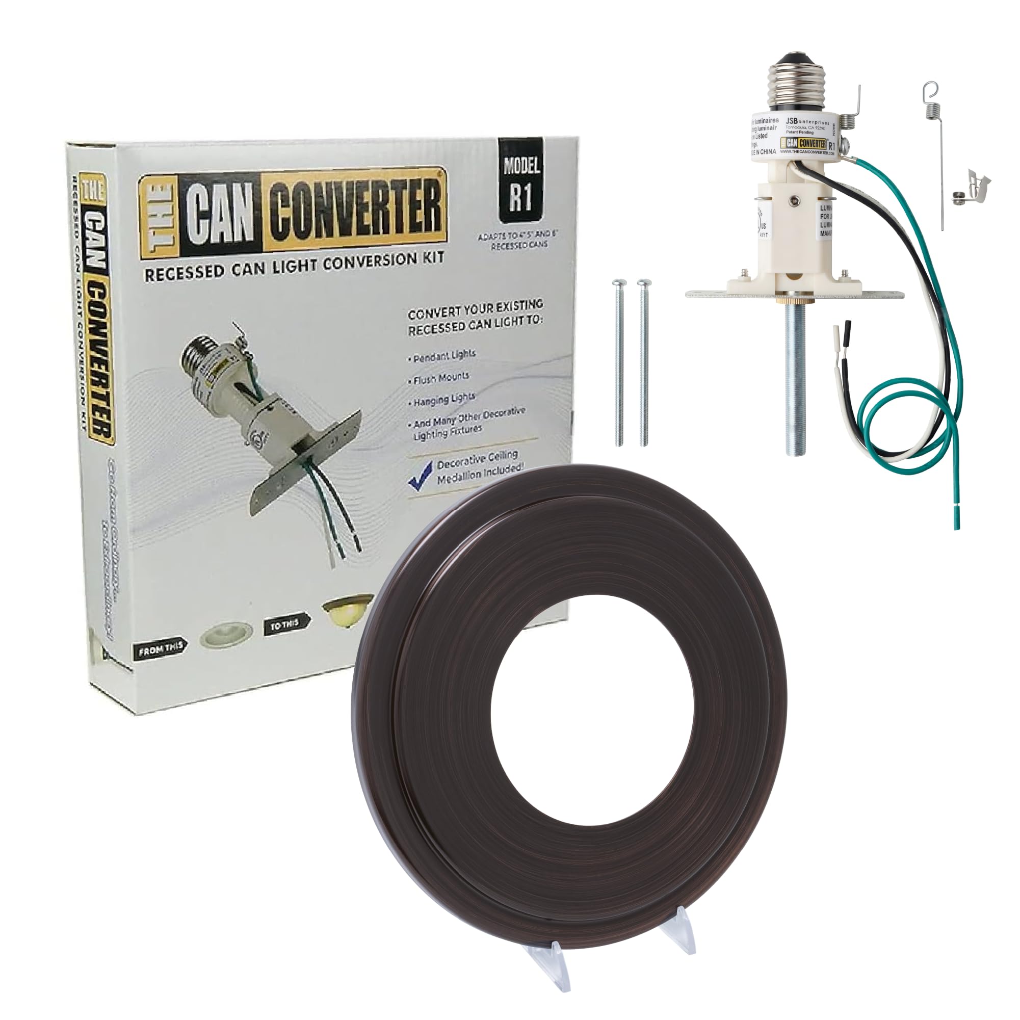 R1 Recessed Can Light Conversion Kit - Ceiling Light Fixture Adapter for Recessed Lighting, Pendant & Hanging Lights - Oil Rubbed Bronze with 8¼