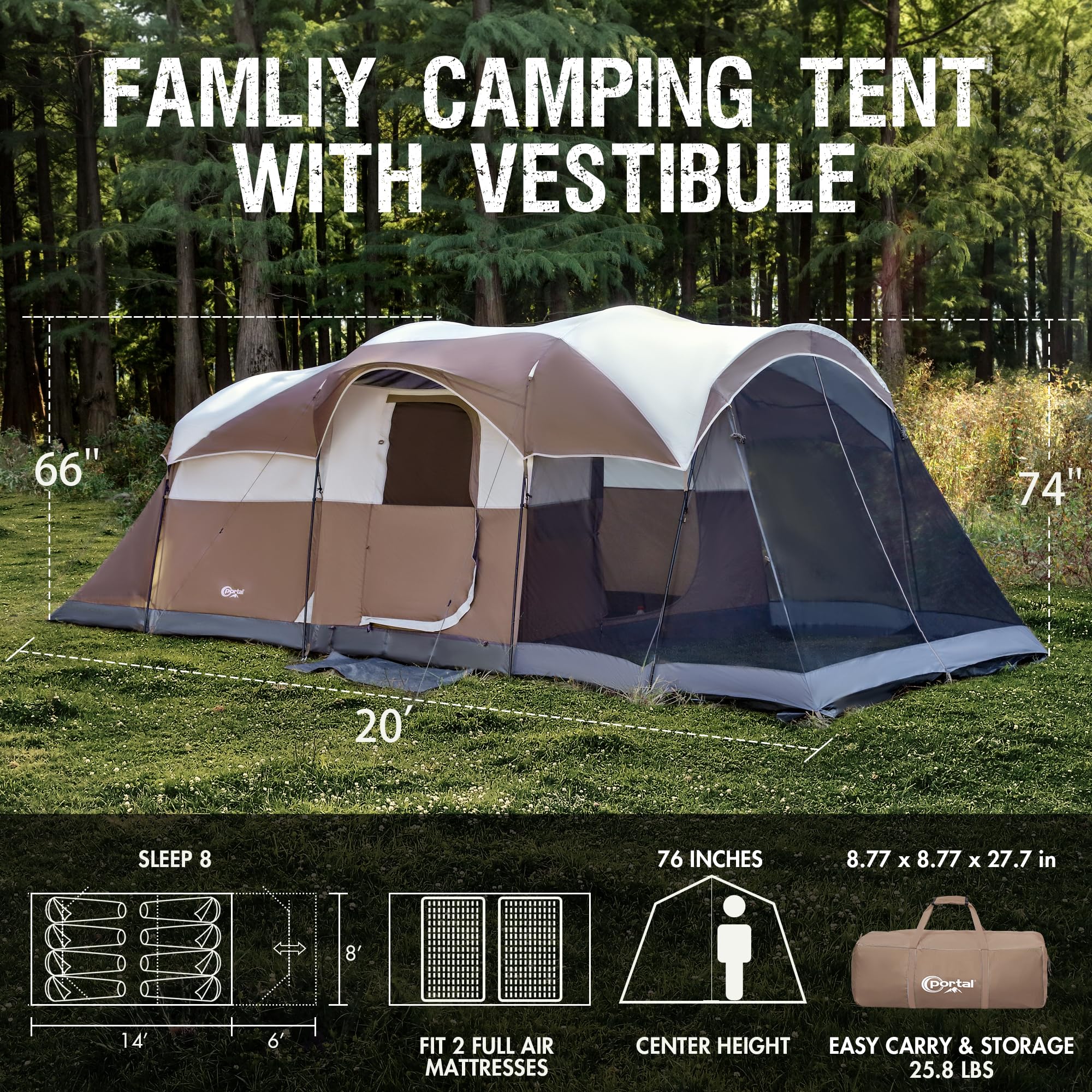 6/8/10 Person Waterproof Family Camping Tent with Screen Room & Rainfly - Spacious Tunnel Tent for Outdoor Adventures, Backpacking, and Group Parties