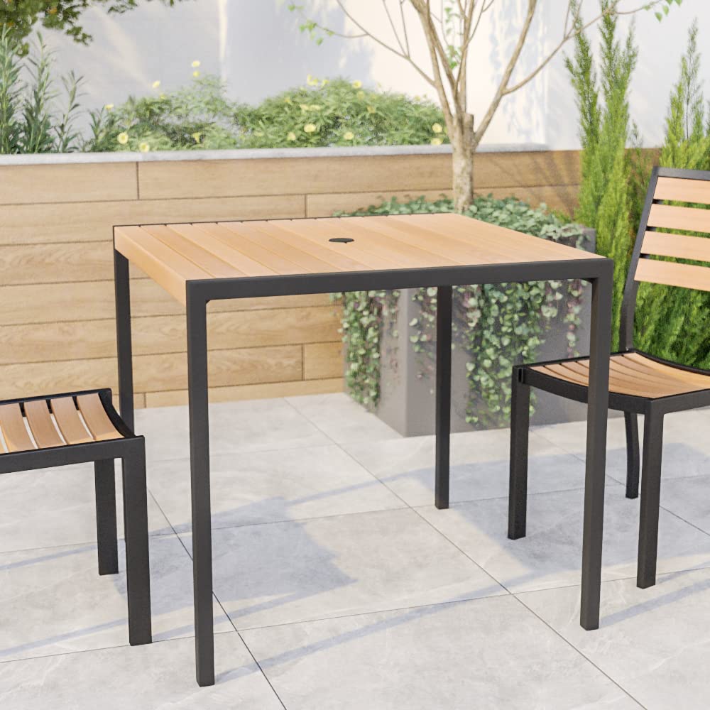 EMMA + OLIVER 30x48 Inch Outdoor Steel Dining Table with Umbrella Hole - Weather-Resistant Faux Teak Poly Slatted Top & Black Frame - Patio Furniture for 4 Adults - Perfect for Backyard, Deck, Poolside Dining