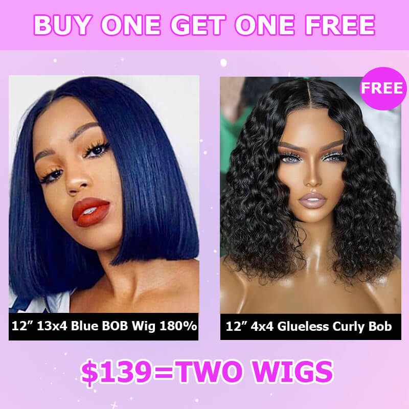 Buy 2 Human Hair Wigs for $139 | Dak Blue 13x4 Lace Frontal Bob Wig + Free 4x4 Glueless Curly Bob Wig | Perfect for Daily Wear, Cosplay & Special Occasions