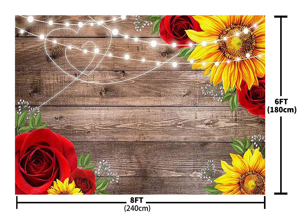 MEHOFOND 8x6ft Sunflower Rose Rustic Wood Photography Backdrop - Perfect for Baby Showers, Birthday Parties, Valentine's Wedding Decor & Bridal Showers - Studio Photo Props & Decorative Background Banner