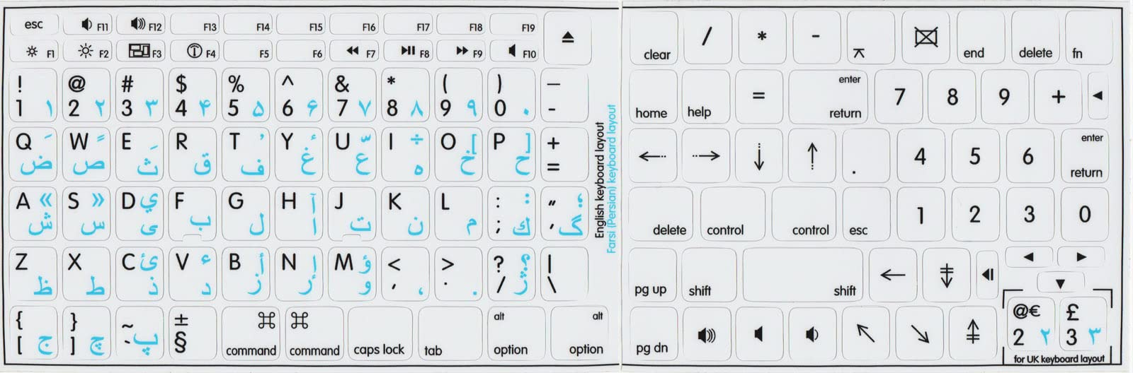 MAC FARSI (Persian) to English Keyboard Stickers for MacBook Pro/Air - White Background Laptop Key Labels for Persian Typing | Home & Office Use