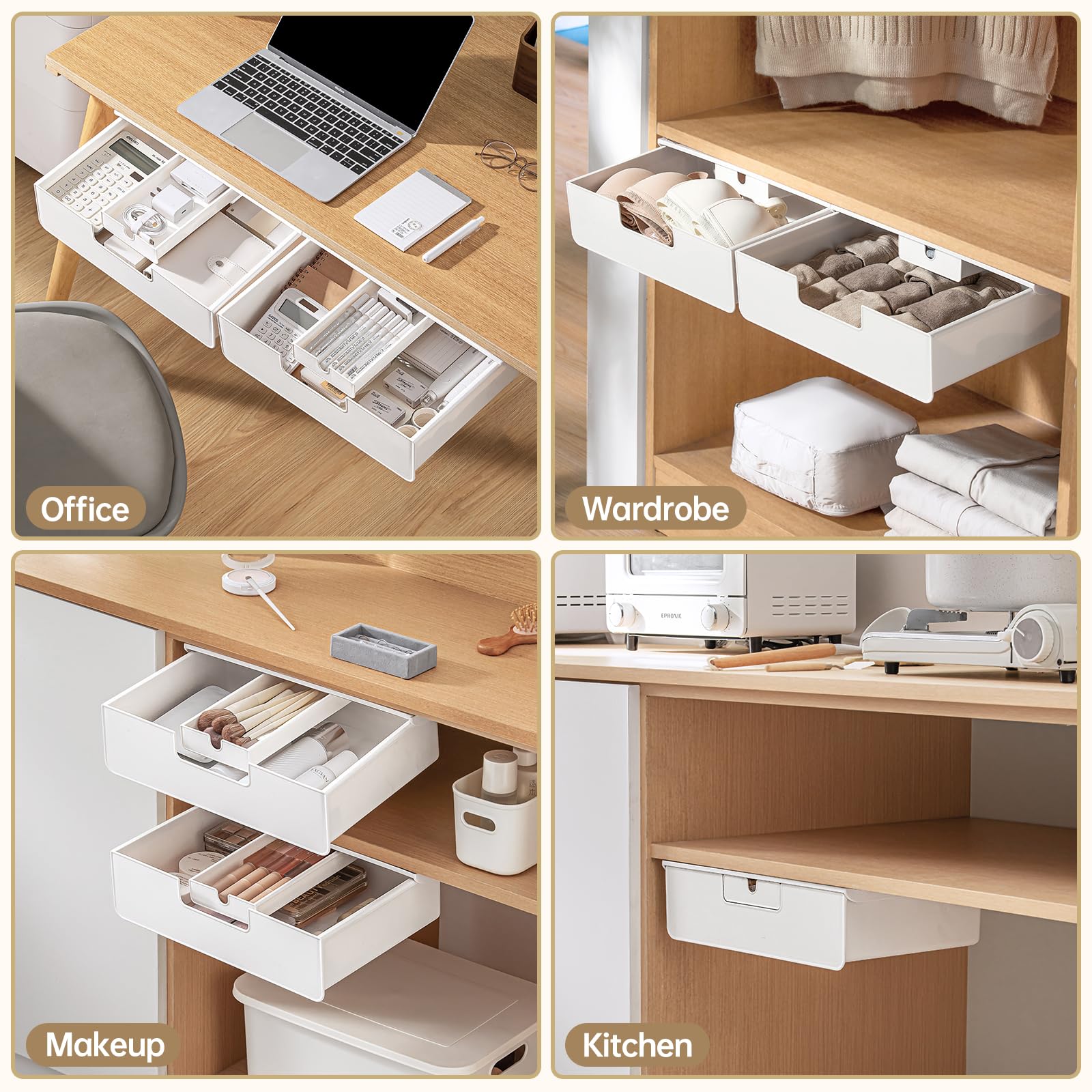 Under Desk Drawer Organizer - Slide Out Hidden Storage Tray with 2 Installation Methods (Screw/Adhesive) - White Space Saving Cabinet Drawer for Office & Home Workspace - Perfect for Storing Stationery, Files & Small Office Supplies