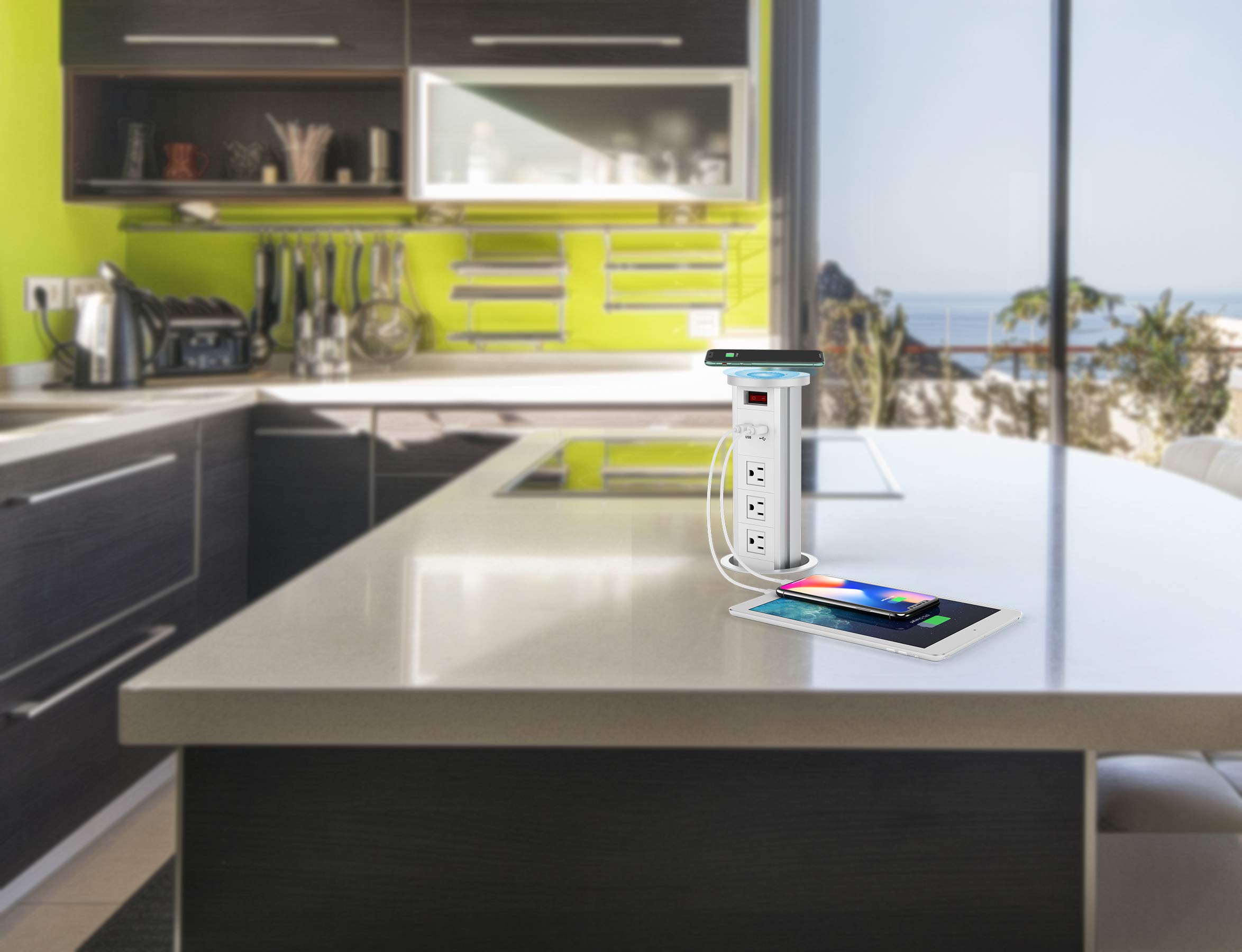 Automatic Pop-Up Surge Protector Outlet with 2 USB Ports & 3 AC Plugs - Retractable Hidden Power Strip with Wireless Charger for Kitchen Island, Conference Table, Office Desk - Perfect for Home, Office & Commercial Spaces