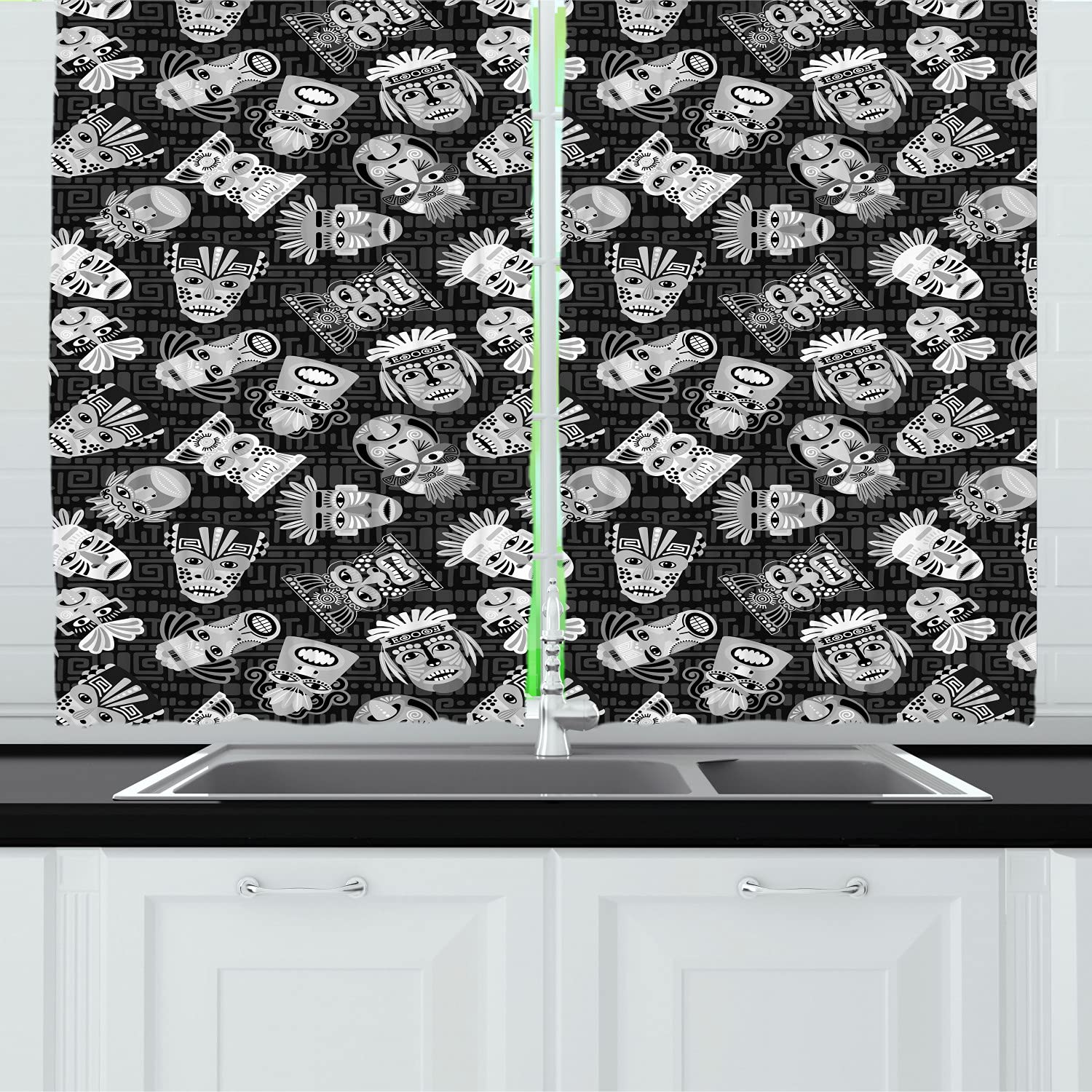 Ambesonne African Woman Long Kitchen Curtains - Ethnic Tribal Pattern Cultural Design with Voodoo Illustration - 2 Panel Rod Pocket Drapes for Living Room & Dining Room Decor - 55x45 Inches in Dark Grey & Pale Taupe - Perfect for Boho, African, or Eclectic Home Style