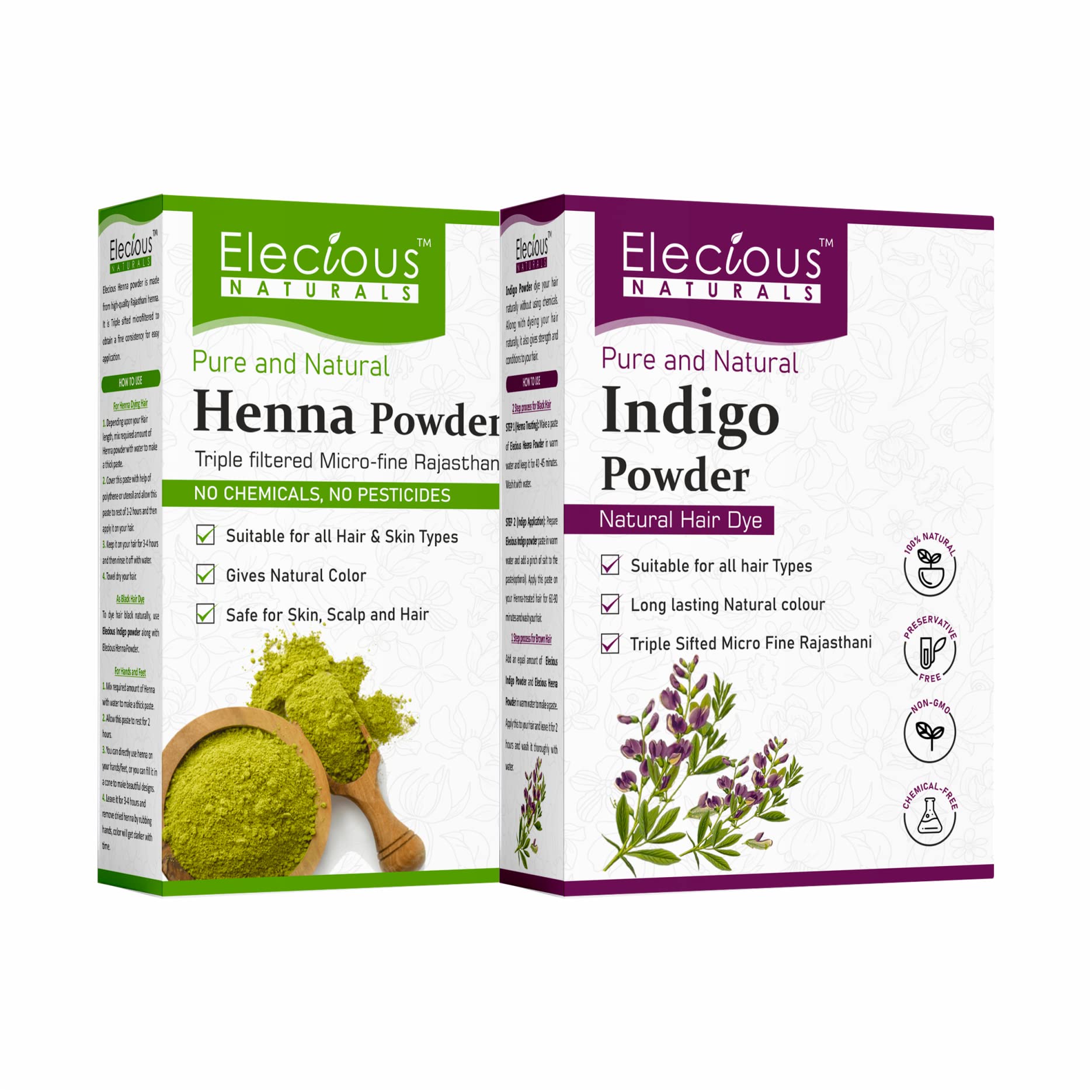 Elecious Naturals Indigo and Henna Powder for Black Hair - 200g Each, Total 400g | 100% Natural Hair Dye for Gray Coverage & Hair Coloring | Perfect for DIY Hair Treatments at Home