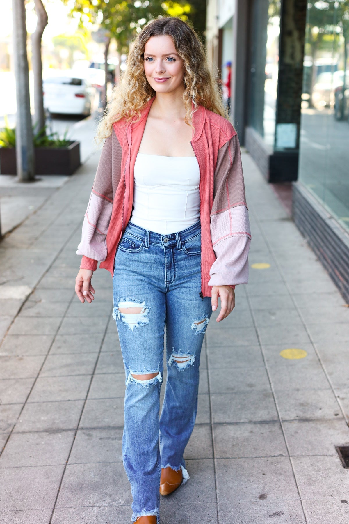 Boldy You Women's Camel Dolman Sleeve Colorblock Knit Bomber Jacket | Cozy Fall Outerwear for Casual Outings & Street Style Fashion