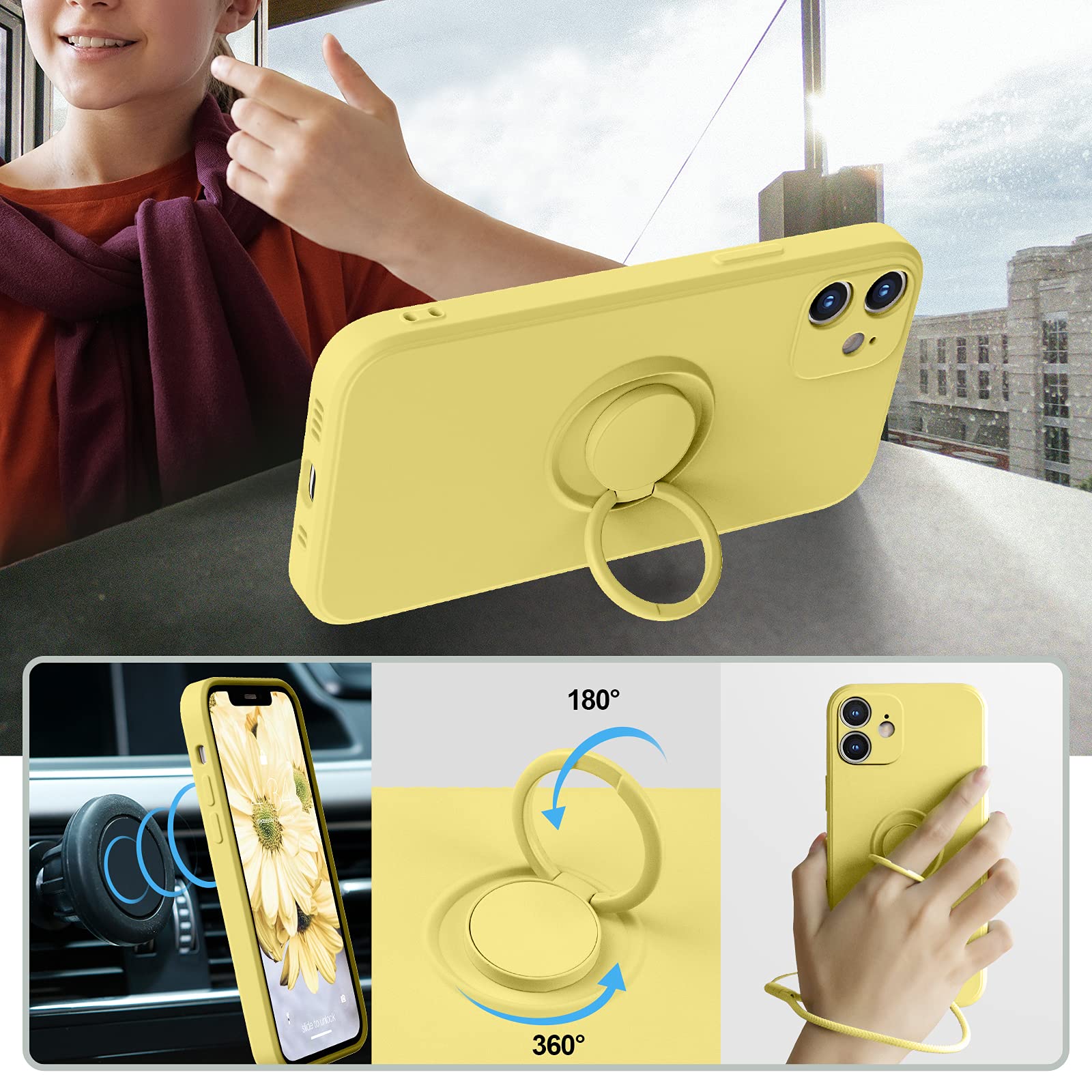 ABITKU iPhone 12 Mini Case with 360° Ring Kickstand & Magnetic Car Mount - Soft Silicone Cover with Microfiber Lining for iPhone 12 Mini 5.4 Inch (2020 Model, Yellow) - Perfect for Work, Travel and Everyday Protection