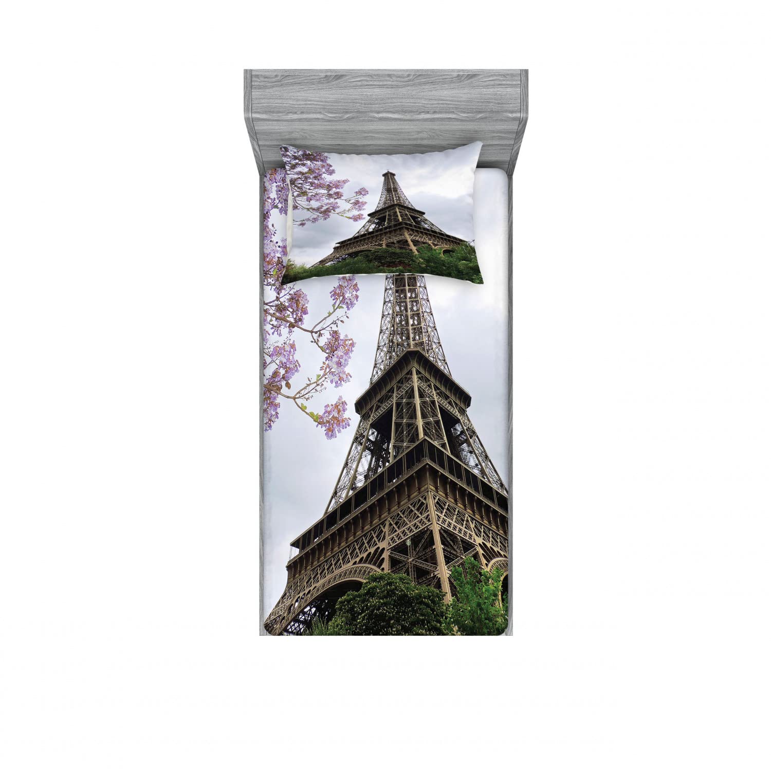 Ambesonne 2-Pack Eiffel Tower Twin Fitted Sheet & Pillow Sham Set - Colorful Blossoms Floral Design, 4-Piece Grey Green Bedding Decor for Paris-Themed Bedroom, Dorm Room or Guest Room