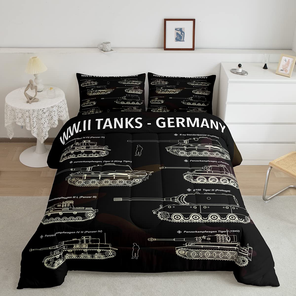 Military Camo Tank Comforter Set Queen - Army Themed Bedding with Soldier Dirt Bike & Vintage Military Vehicle Design - Perfect for Boys, Teens & Men's Bedroom Decor - Ideal for Military Enthusiasts, Camo Lovers & Themed Room Decorations