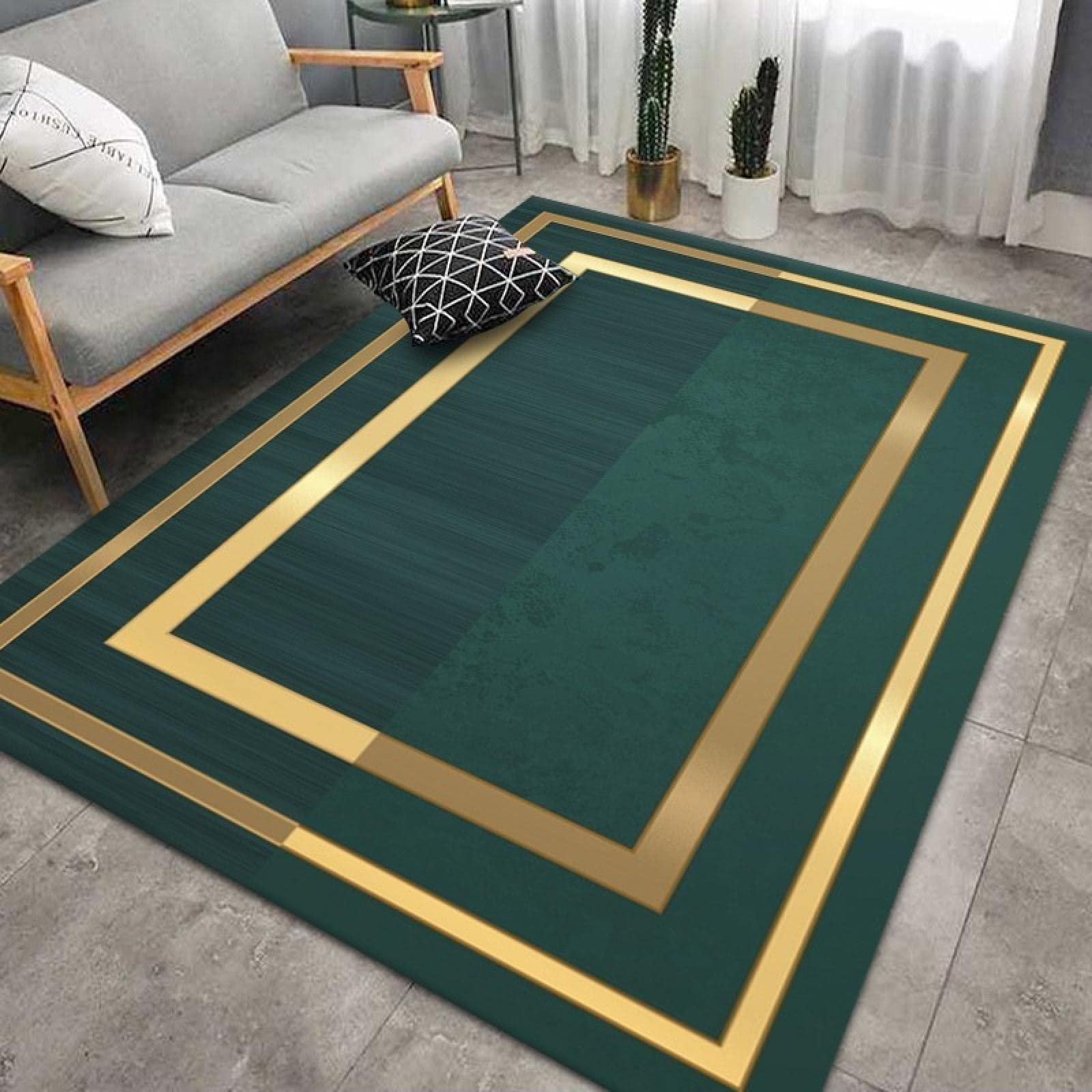 Emerald Green Gold Frame Geometric Area Rug - Luxury Nordic Style Non-Slip Machine Washable Carpet for Living Room, Bedroom, Dining & Dorm Decor (4'x6') - Perfect for Modern Homes & Apartments