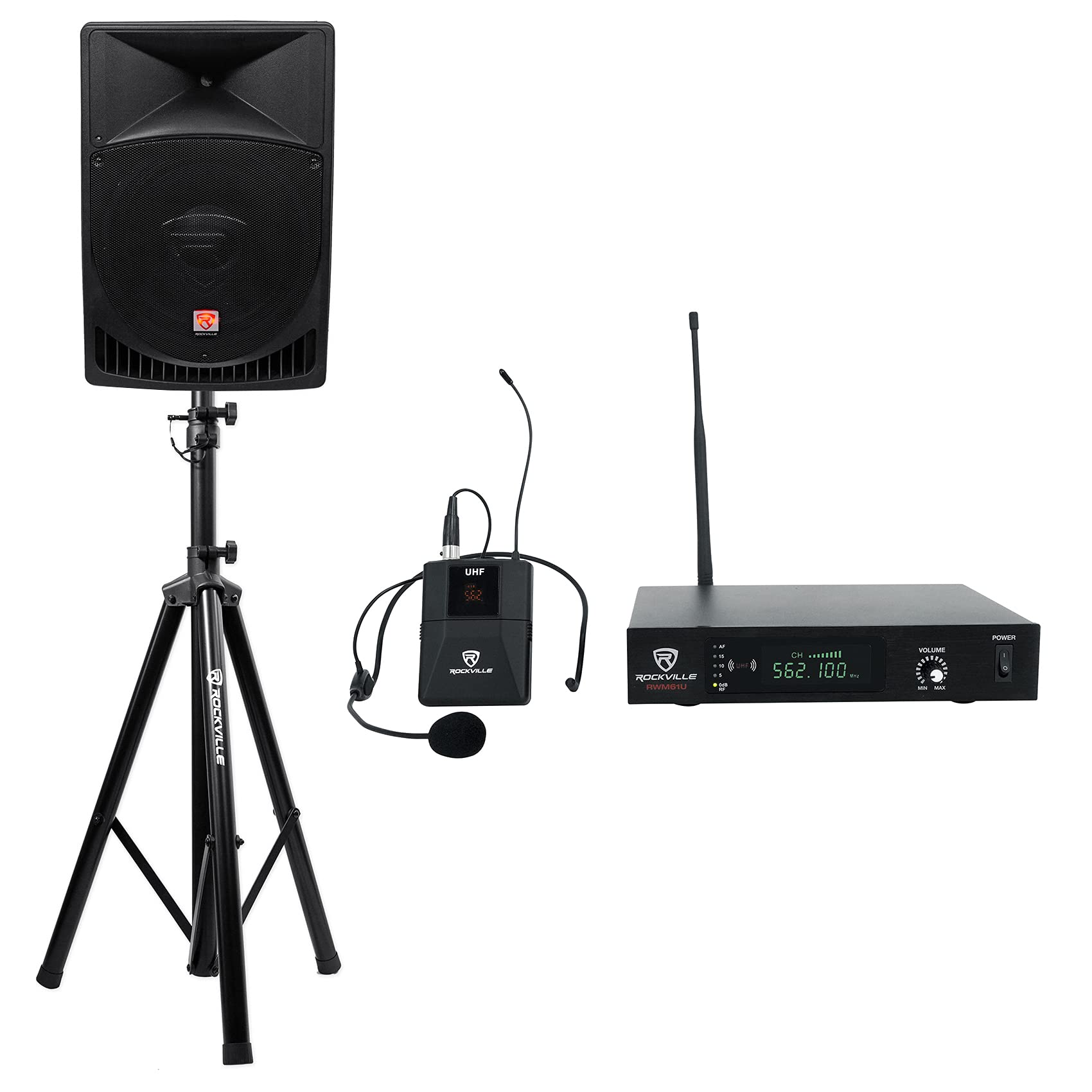 Rockville RPG15 15 Inch 1000W Professional Powered PA Speaker System with Built-in Bluetooth, 2-Way Sound & Headset Microphone - Ideal for Live Music, DJ Gigs, Outdoor Events & Public Speaking