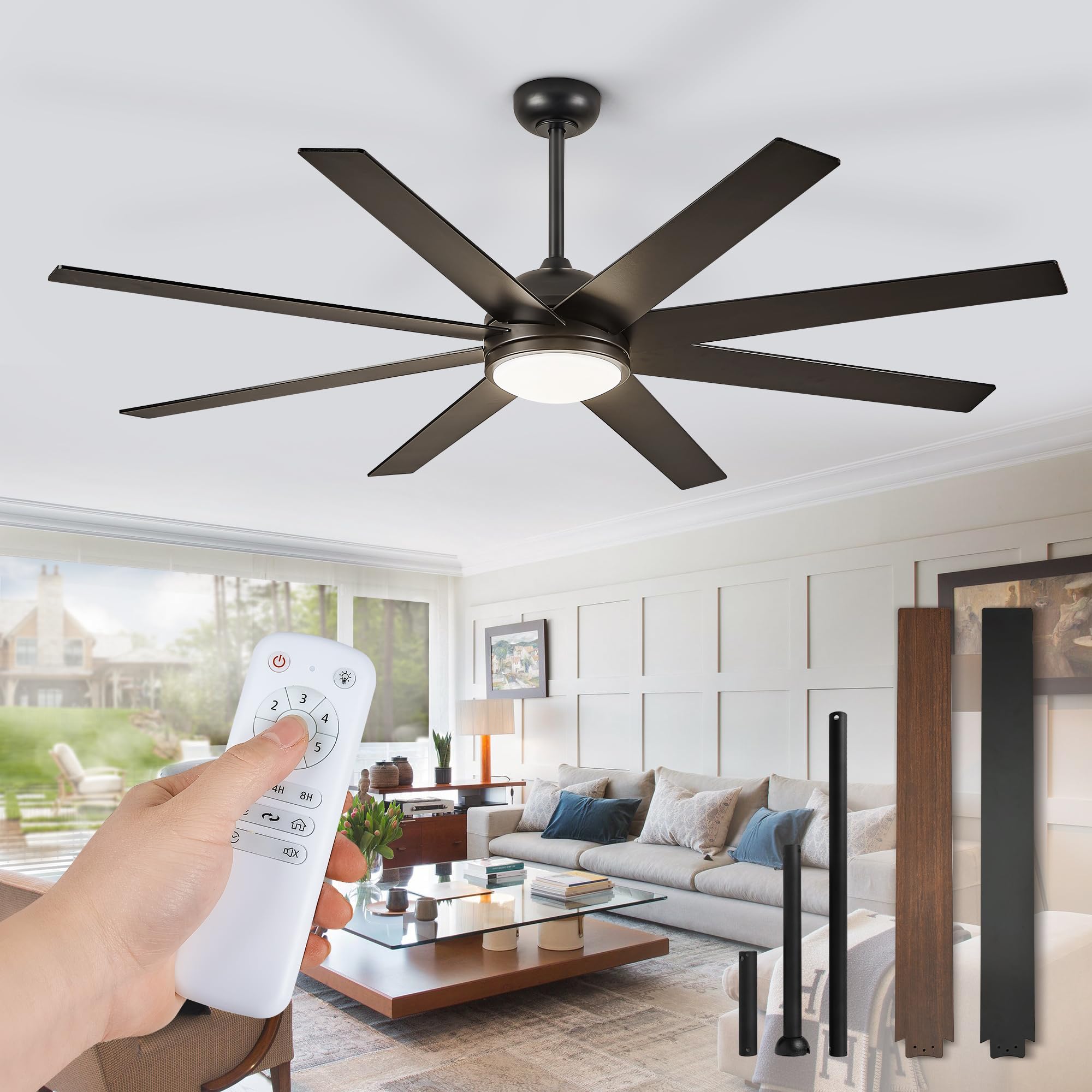 72 Inch Black Ceiling Fan with Lights and Remote - 6 Speed Quiet DC Motor, Reversible Blades, 3 CCT Lighting for Living Room, Bedroom & Outdoor Patio Use