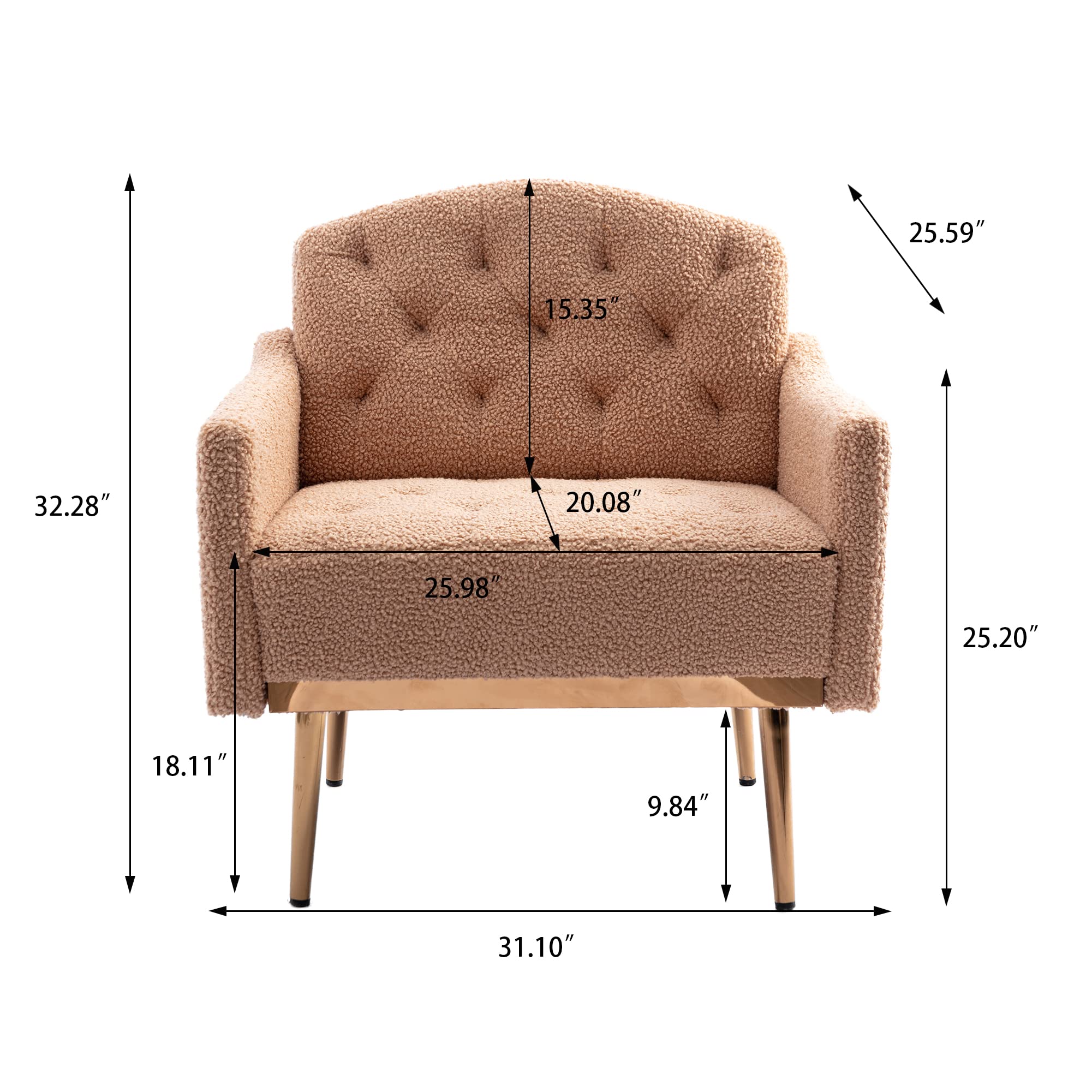 Modern Accent Chair - Upholstered Armchair & Club Lounge Chair for Living Room, Reading Nook, Studio or Dressing Room - Soft Teddy Camel Fabric - Stylish & Comfortable Seating Solution for Home Decor