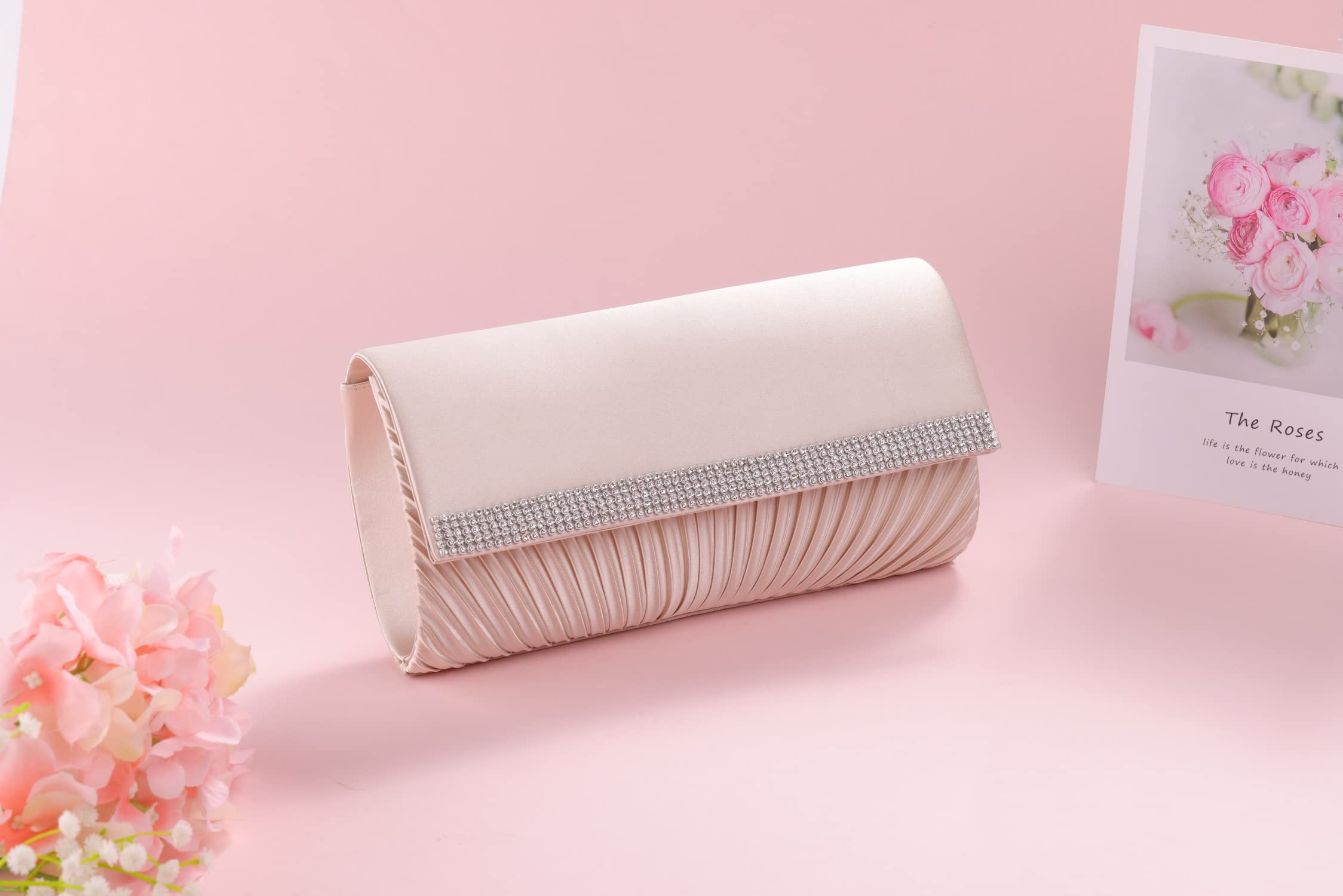 Elegant Rhinestone Pleated Satin Clutch Purse for Women - Sparkly Evening Bag for Party, Prom, Wedding & Special Occasions | Crossbody Handbag with Adjustable Chain