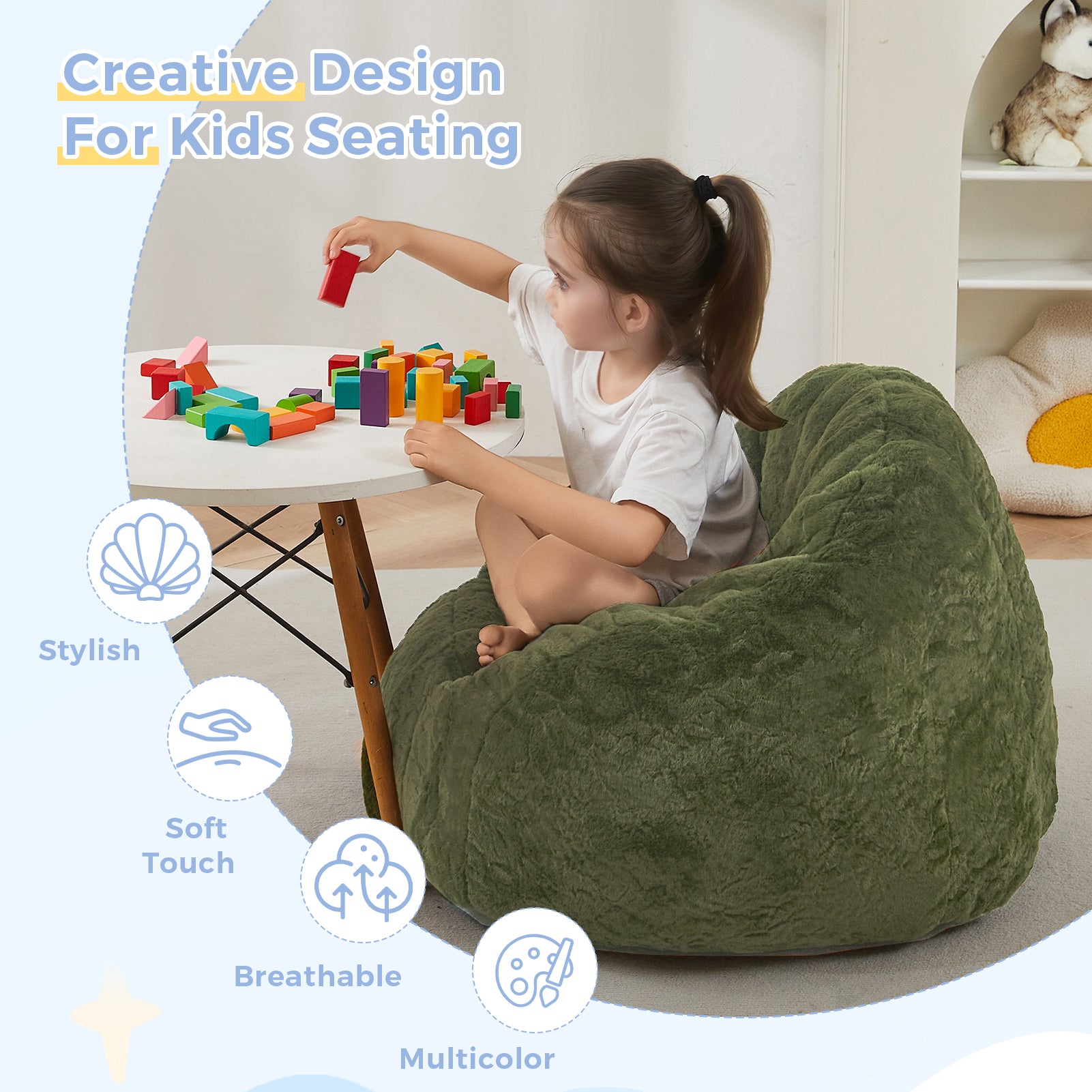 MAXYOYO Kids Bean Bag Chair - Shell Shaped Bean Bag Couch for Boys & Girls, Green - Perfect for Playrooms, Bedrooms & Reading Nooks