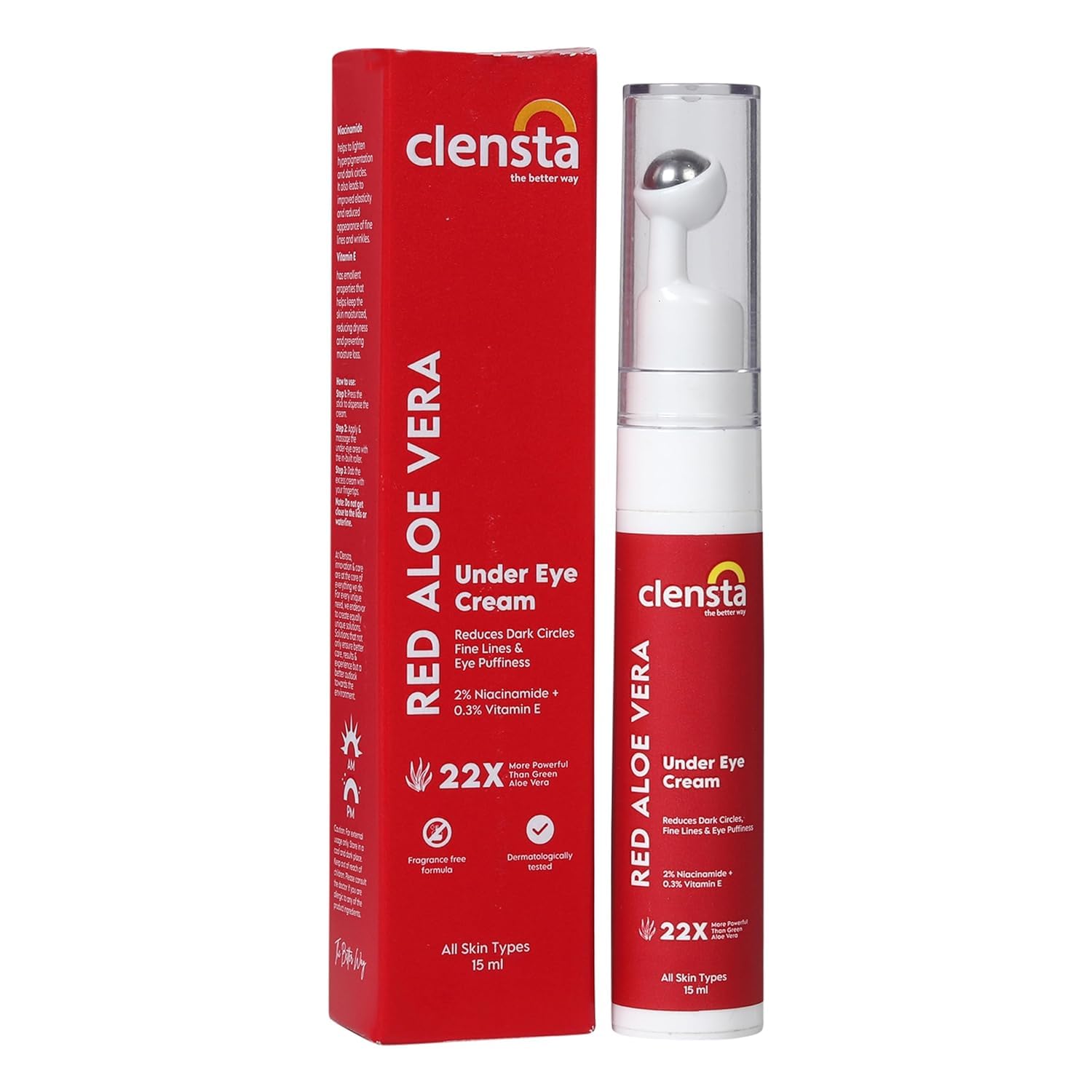 Clensta Red Aloe Vera Under Eye Cream with Niacinamide & Vitamin E - Dark Circle Reducer, Anti-Aging Eye Treatment for Puffiness & Fine Lines - 15ml - Perfect for Day & Night Skincare Routine for Men & Women