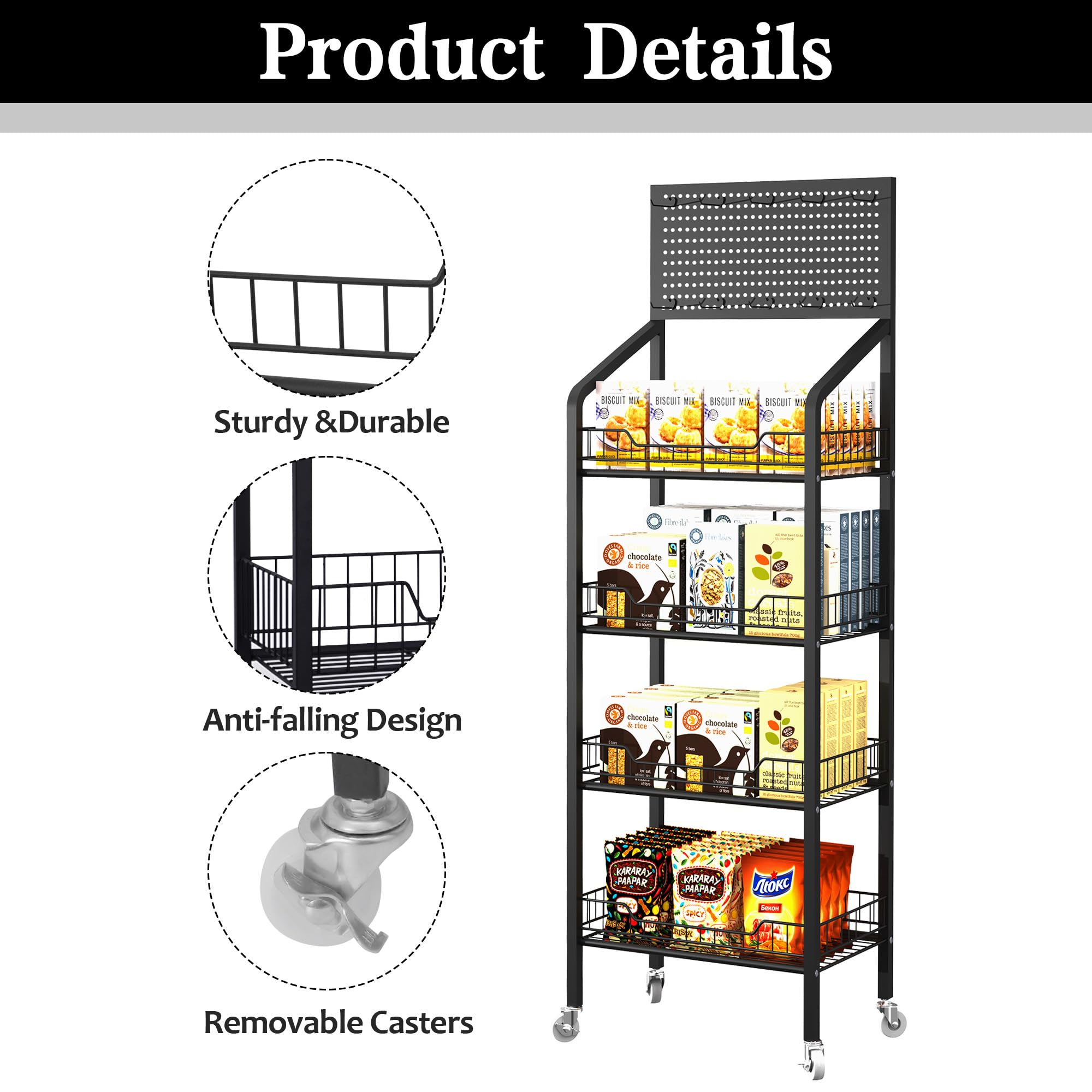 4-Tier Metal Snack Display Rack with Wheels & Hooks - Black Candy Merchandise Organizer for Supermarket, Retail Store & Home Kitchen - Perfect for Snacks, Candy, Spices & Kitchen Storage