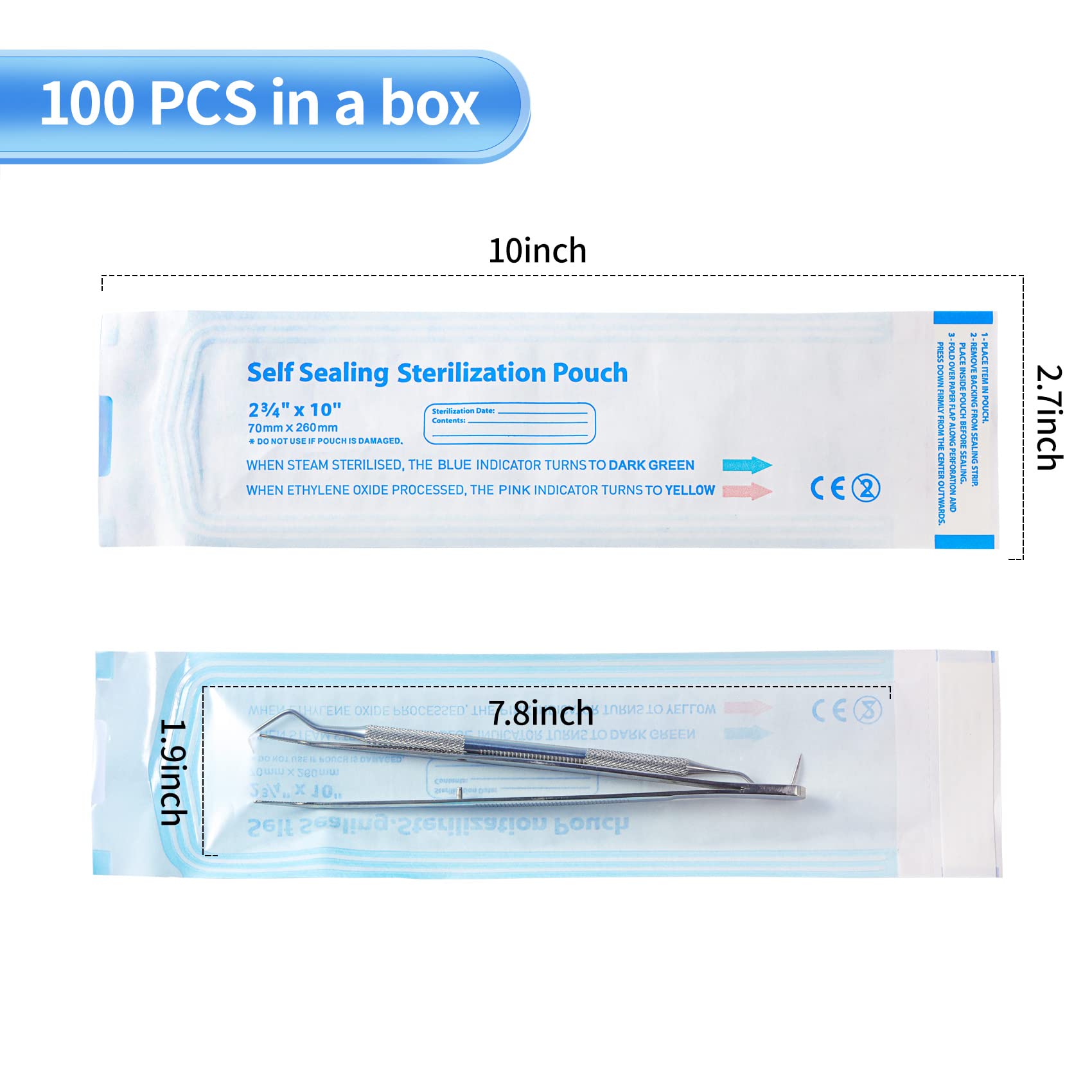 Annhua 2.8 x 10 Inch Sterilization Pouches - 100 Pack Self-Seal Sterilizer Bags for Dental Instruments, Cleaning Tools & Medical Equipment | Autoclave Safe, Paper/Plastic Combo | Perfect for Dental Clinics, Hospitals & Tattoo Studios