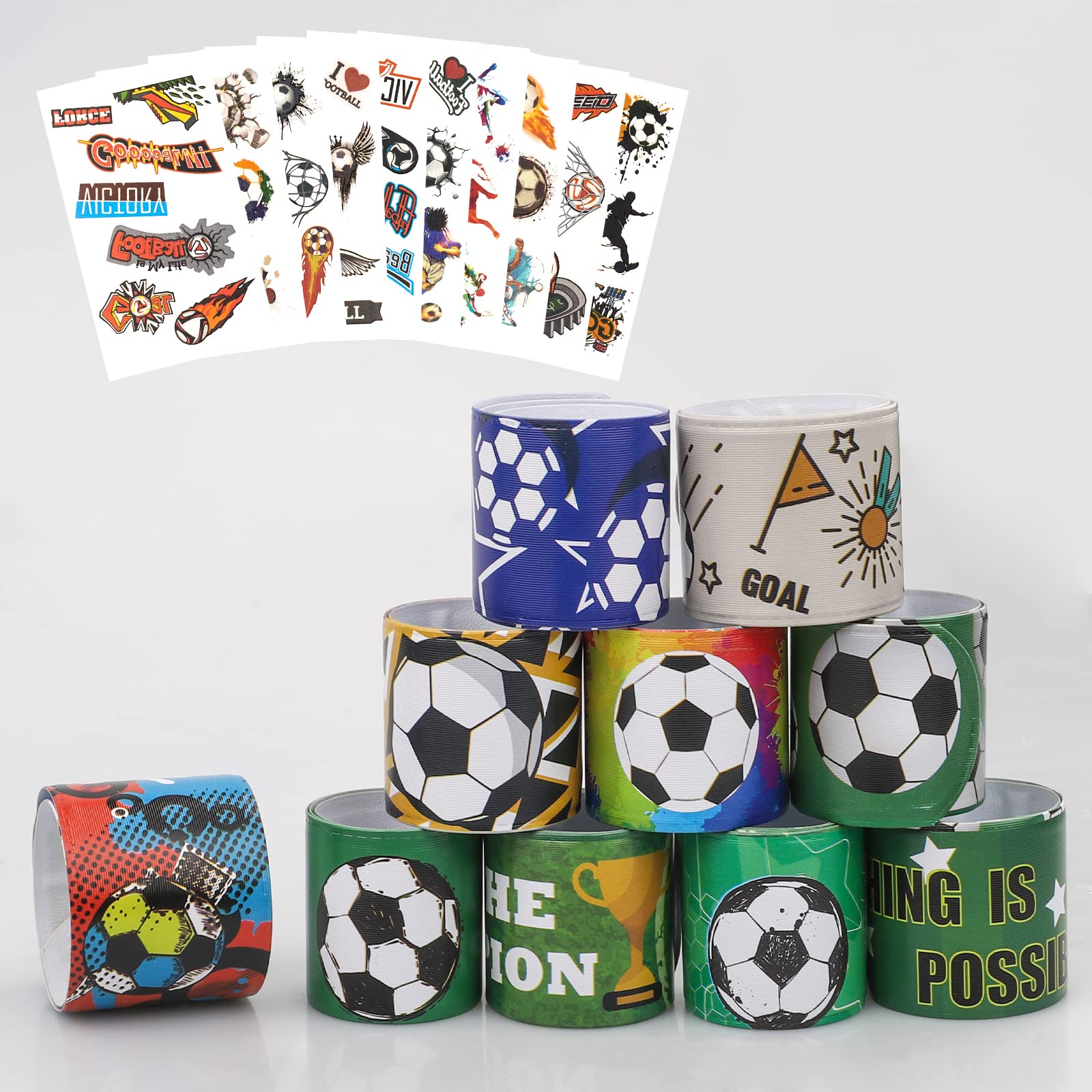 30Pcs Soccer Slap Bracelets Party Favors with Tattoo - Bulk Snap Bands for Kids Birthday Party Decorations & Sports Themed Gifts - Perfect for Team Events, School Rewards and Game Day Favors