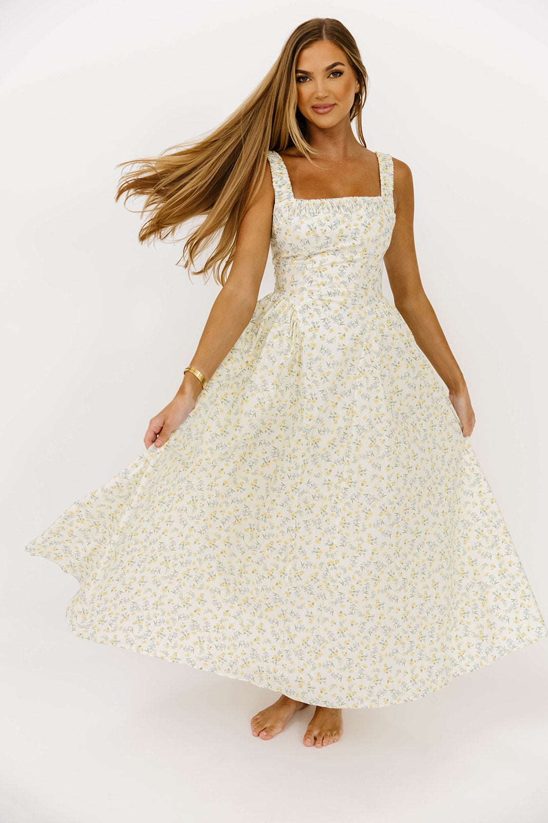 Trixy Floral Print Ruched Square Neck Midi Dress - Yellow Summer Dress for Women, Perfect for Beach Vacations, Garden Parties & Date Nights