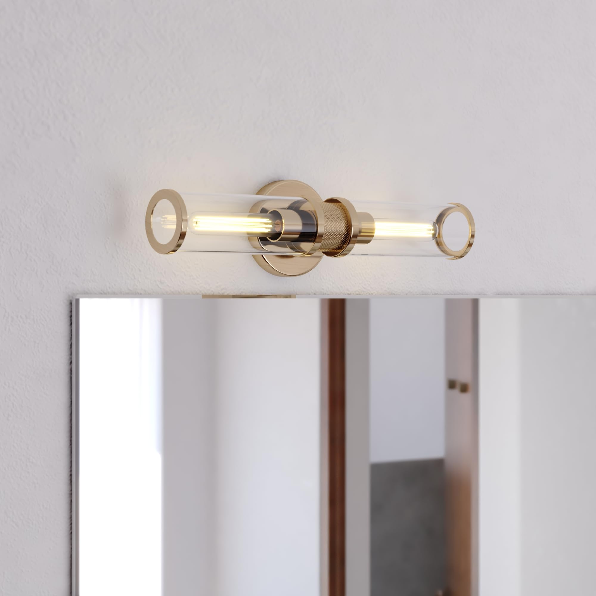 VAXCEL Levitt 2-Light Bathroom Vanity Light Fixture - Mid Century Modern Industrial Style with Satin Brass Finish & Clear Glass Shades - Perfect for Bathroom, Powder Room, and Dressing Area Lighting