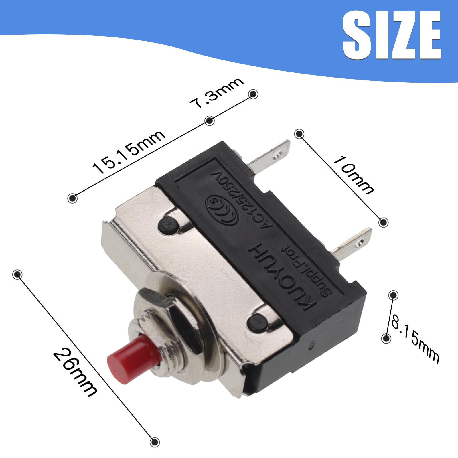 125V/250V AC 50V DC 1.5A Push Button Thermal Circuit Breaker with Quick Connect Terminals - Manual Reset Overload Protection Switch for Motor, Blender, Vacuum Cleaner, Coffee Grinder - Ideal for Home Appliances & Power Tools Protection