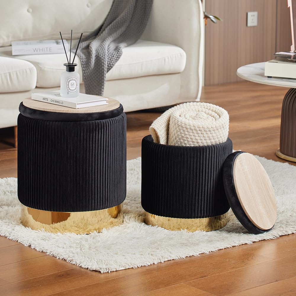 2-Pack Black Velvet Round Storage Ottomans for Living Room, Bedroom & Dorm - Multi-Functional Footrest & Seat with Hidden Storage | Perfect for Small Spaces, Home Decor & Extra Seating
