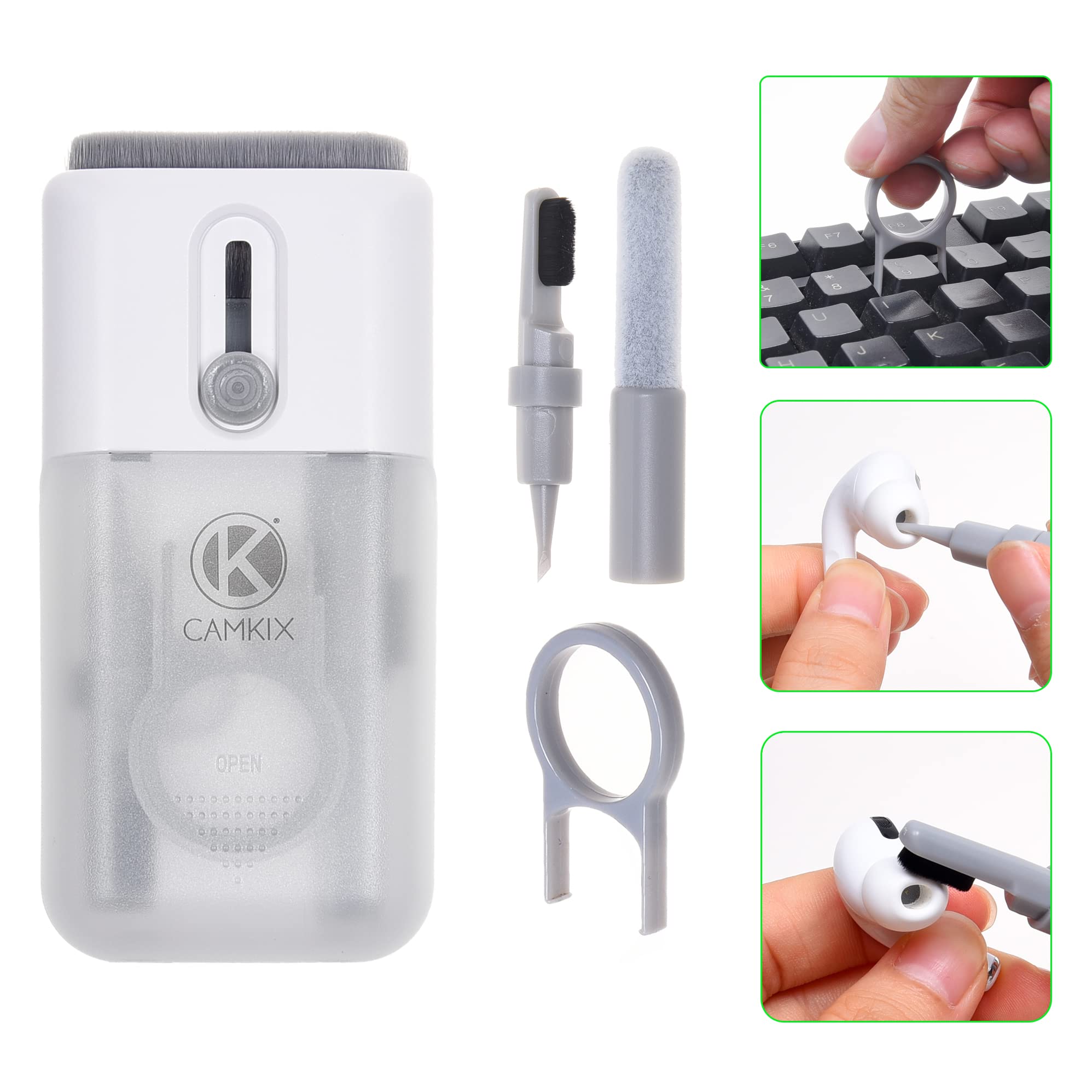 Camkix 6-in-1 Electronics Cleaning Kit with Key Puller, Flocking Sponge, Pen Nibs & Microfiber Cloths - Perfect for Keyboards, Earbuds, Hearing Aids, Smartphones, Laptops, Monitors & Cameras - Ideal for Home, Office & Travel Use