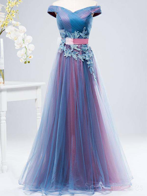Elegant Off Shoulder Blue & Pink Tulle A-Line Long Evening Prom Dresses for Women - Perfect for Formal Events, Homecoming, and Special Occasions