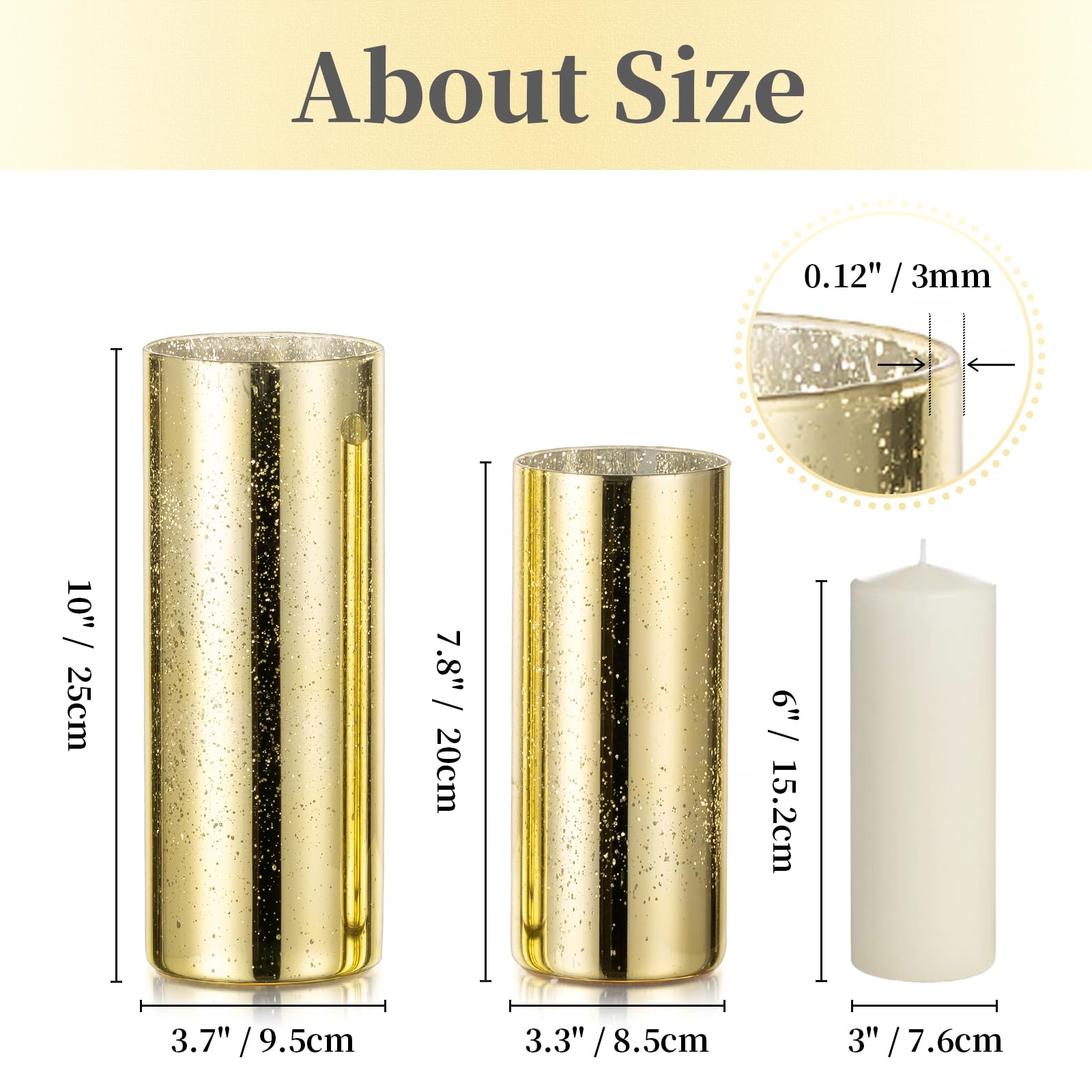 Hewory Glass Hurricane Candle Holders - 12 Pack Gold Mercury Glass Cylinder Vases for Pillar Candles, Perfect for Christmas, Wedding, Party & Holiday Table Centerpiece Decor - Elegant Home and Event Lighting Solution