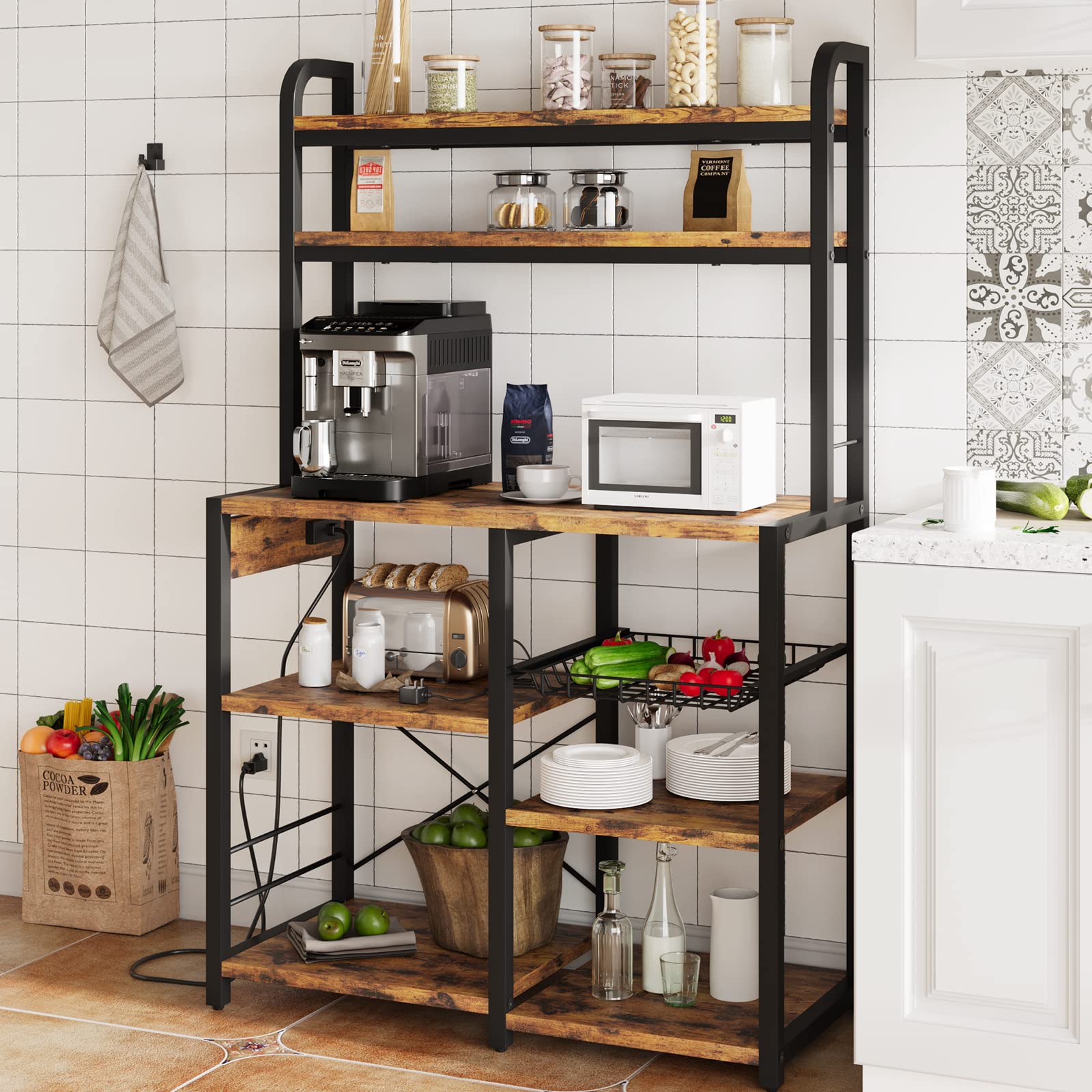 6-Tier Bakers Rack with Power Outlet & Wire Drawer - Kitchen Buffet Table with Hutch, Microwave Stand & Large Storage - Perfect for Coffee Bar, Dining & Living Room Organization