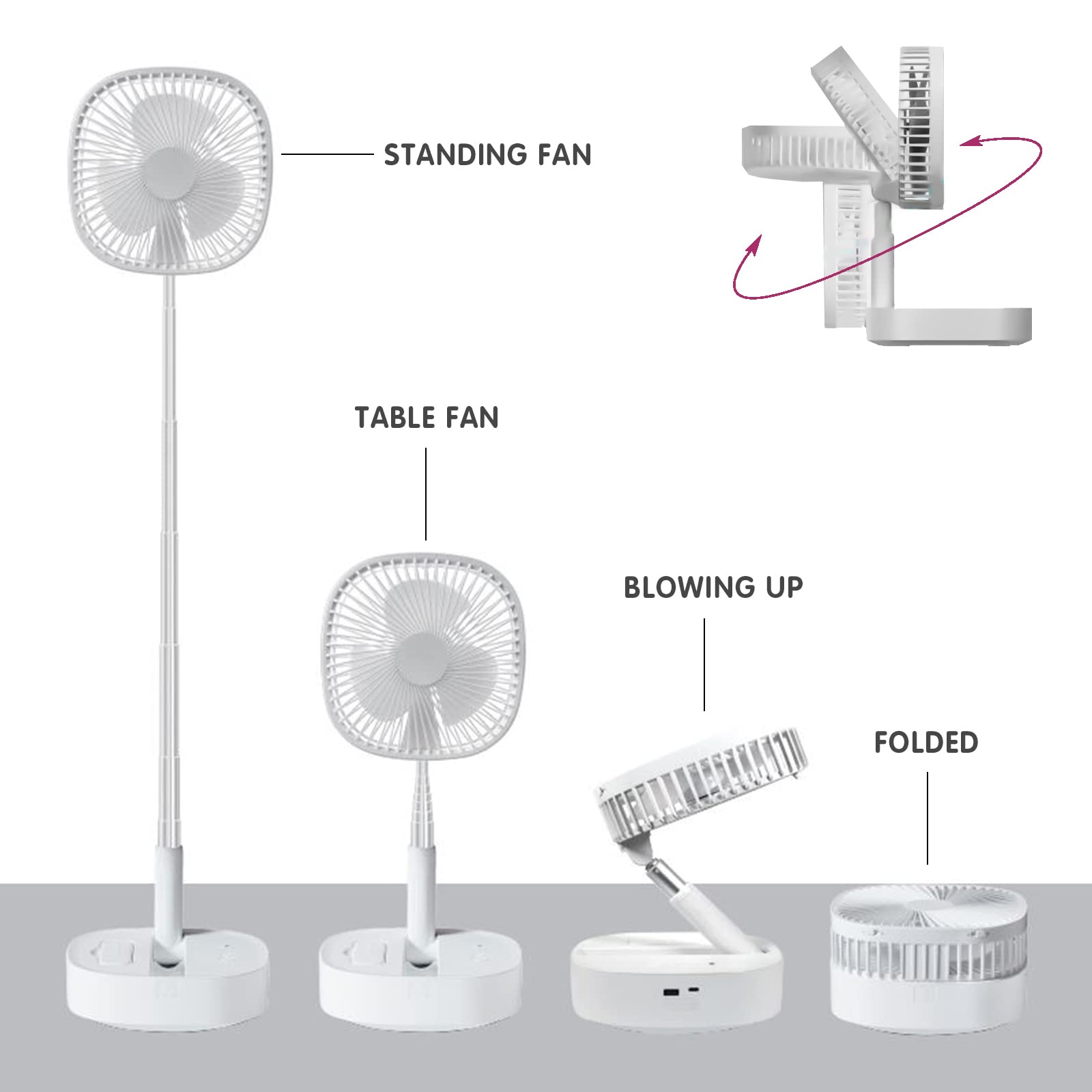 Magesh Oscillating Pedestal Fan with Remote - 4 Speed Quiet Foldable Desk & Floor Fan with Timer, Telescopic Stand - Perfect for Bedroom, Office, Camping & Outdoor Use (White)