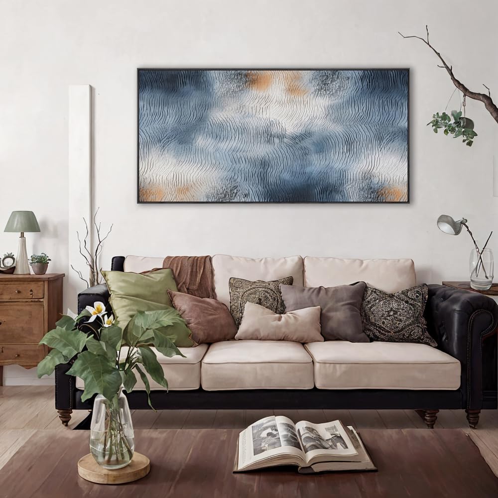 Abstract Water Ripple Wall Art - Blue & Orange Modern Framed Canvas Painting 24x48 Inches, Ready to Hang for Living Room, Bedroom, Dining Room & Home Office Decor | Perfect for Coastal, Contemporary & Boho Interior Design Styles